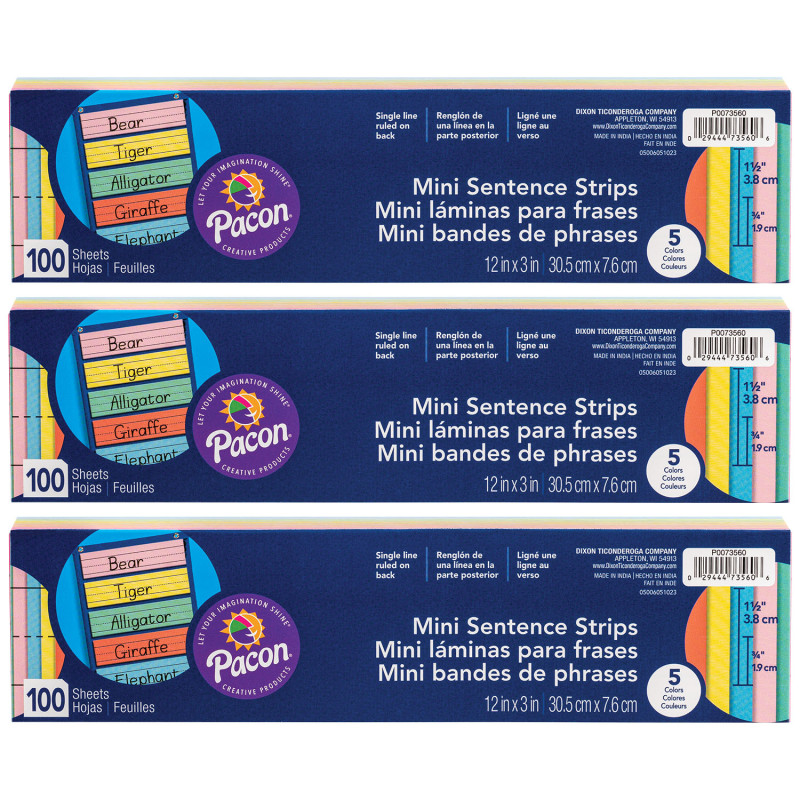 Mini Sentence Strips, 5 Assorted Colors, 1-1/2" x 3/4" Ruled, 3" x 12", 100 Per Pack, 3 Packs