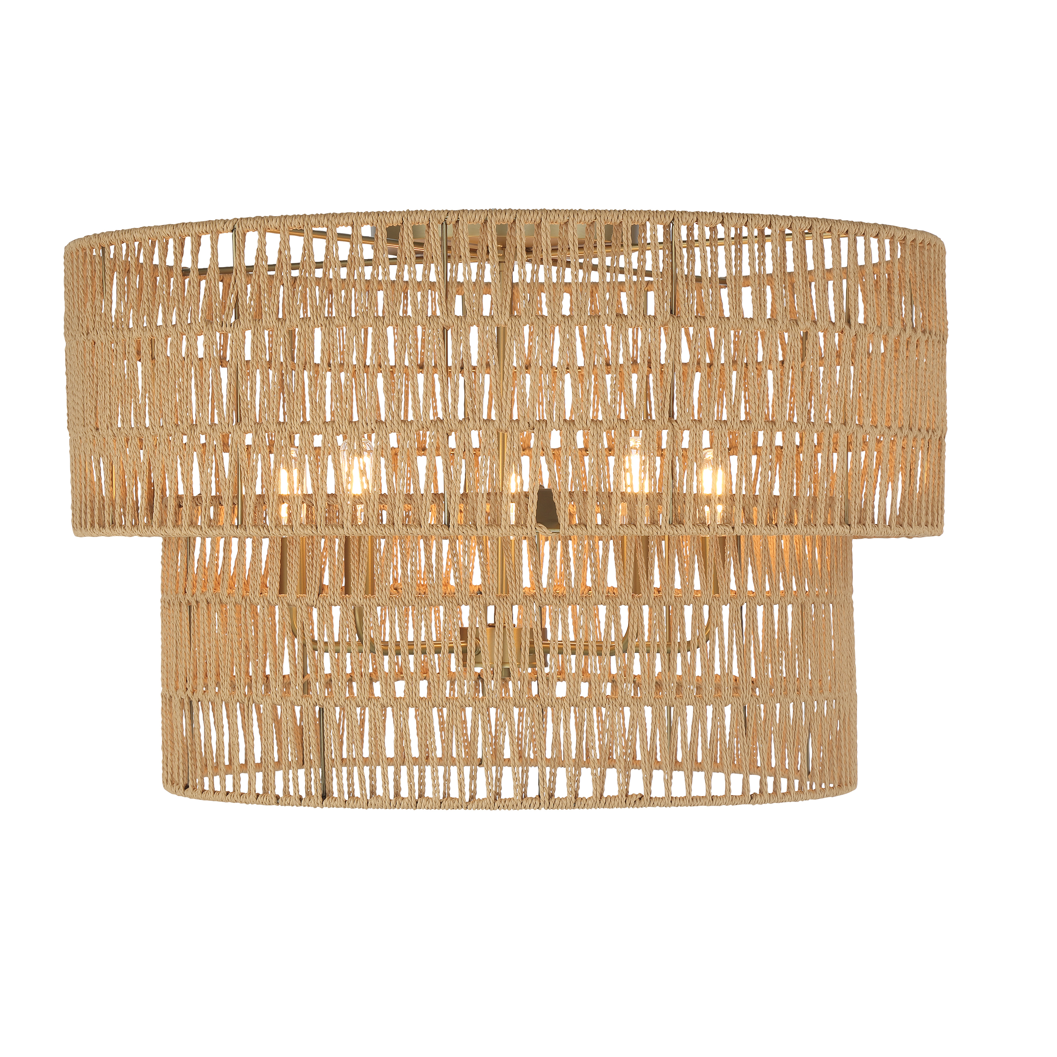 The Bungalow Heaven flush mount combines soft brass metalwork with handcrafted papyrus rope shading for a sophisticated coastal aesthetic. Five lights provide ample illumination while the natural texture adds warmth. - alternate view