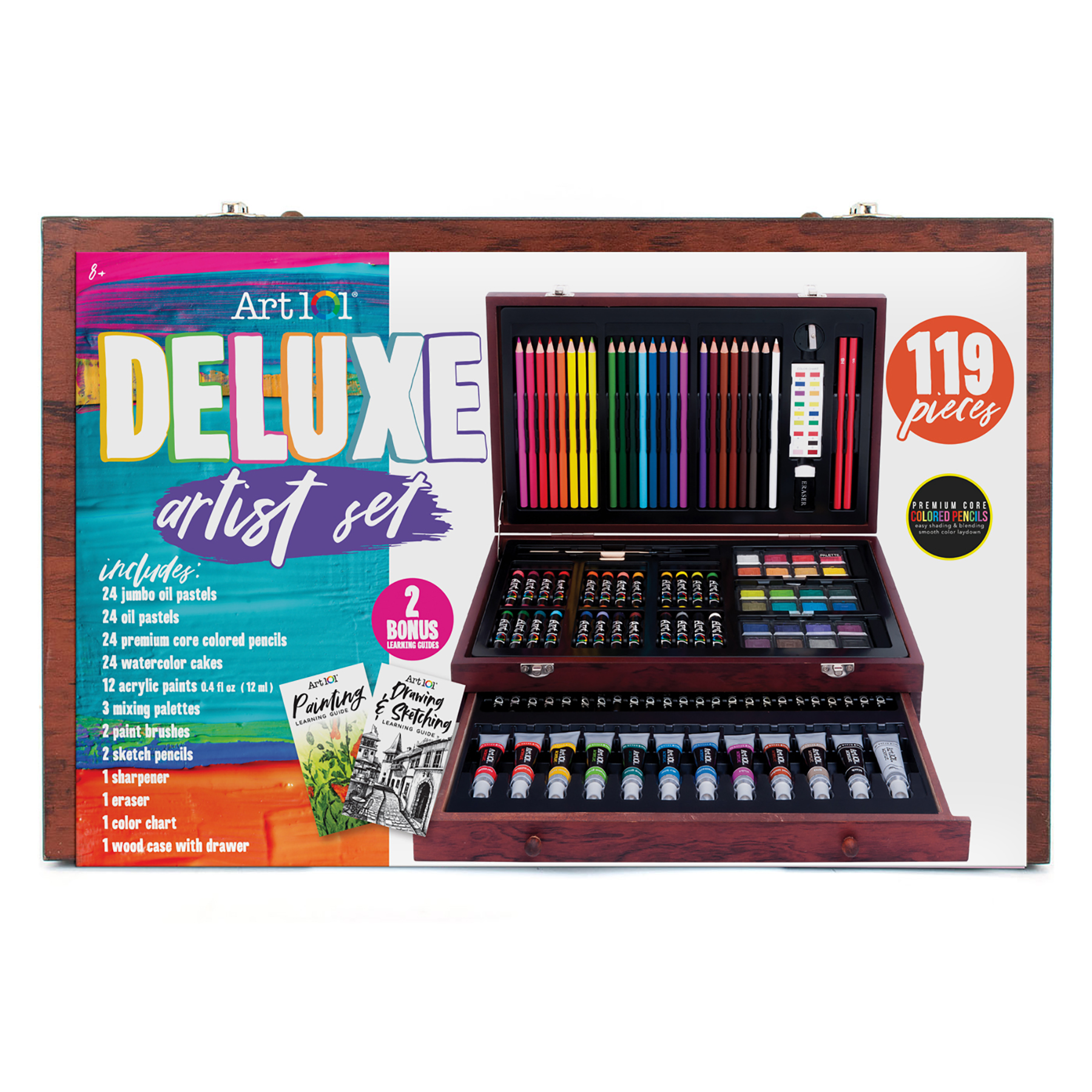 Art 101 Deluxe Art Set in a Wood Organizer Case, 119 Pieces