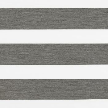 Horizontal dual-layer zebra roller blind, textured gray and white alternating bands across the frame; aligned to create opaque stripes, close-up of a neutral interior window covering under soft light.