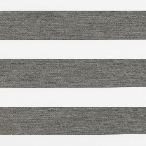 Horizontal dual-layer zebra roller blind, textured gray and white alternating bands across the frame; aligned to create opaque stripes, close-up of a neutral interior window covering under soft light.