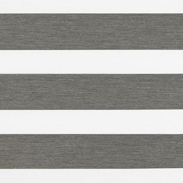Horizontal dual-layer zebra roller blind, textured gray and white alternating bands across the frame; aligned to create opaque stripes, close-up of a neutral interior window covering under soft light.