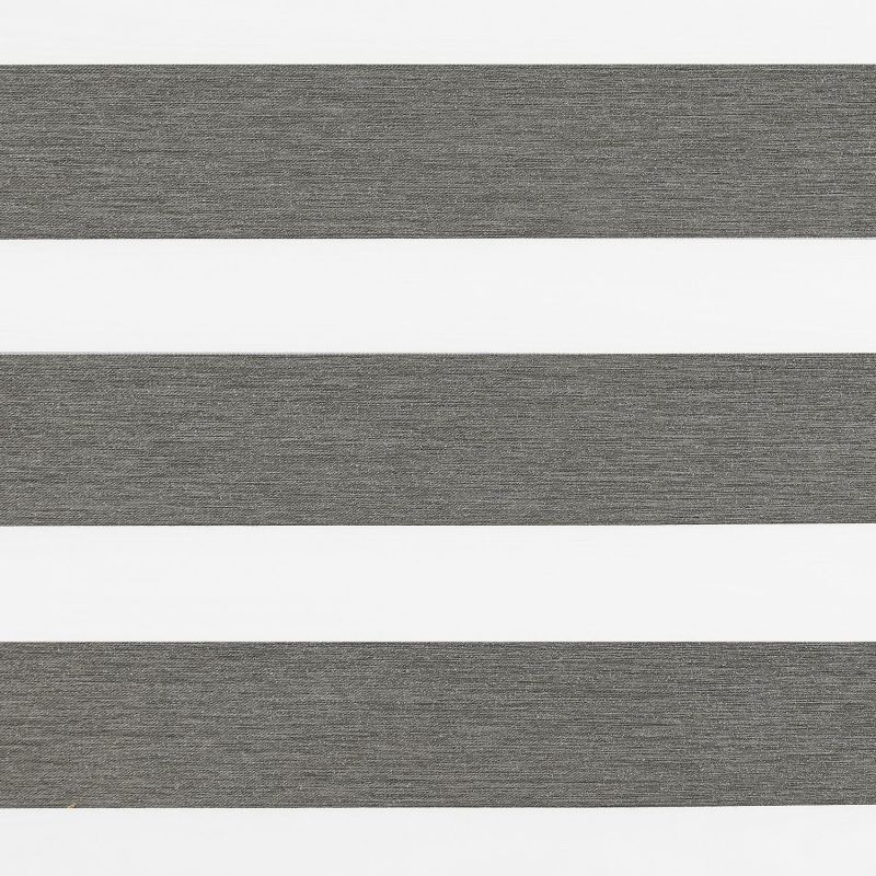 Horizontal dual-layer zebra roller blind, textured gray and white alternating bands across the frame; aligned to create opaque stripes, close-up of a neutral interior window covering under soft light.