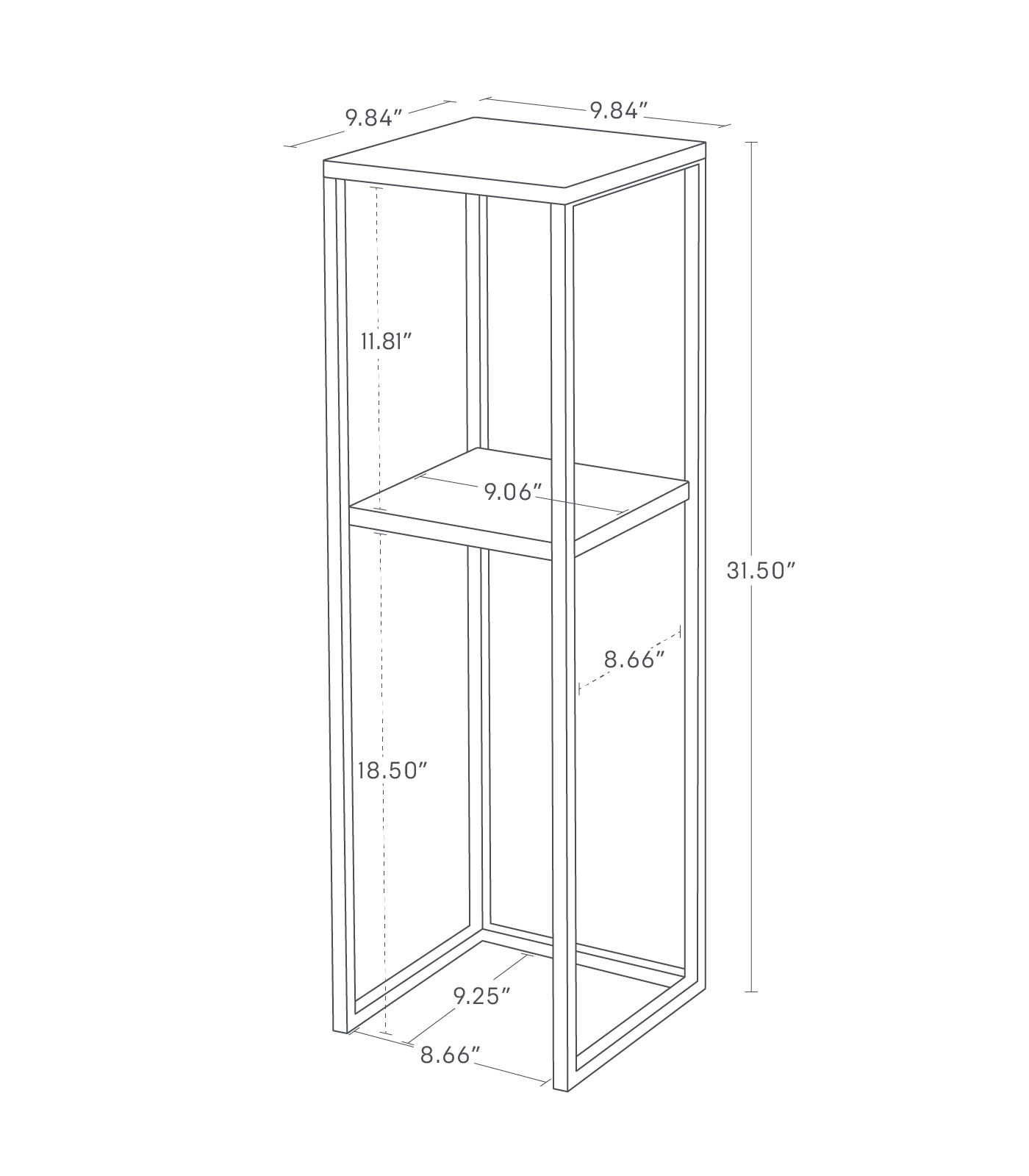 Dimension image for Two-Tier Display & Storage Shelf showing length of 9.84 inches, width of 9.84 inches and height of 31.50 inches