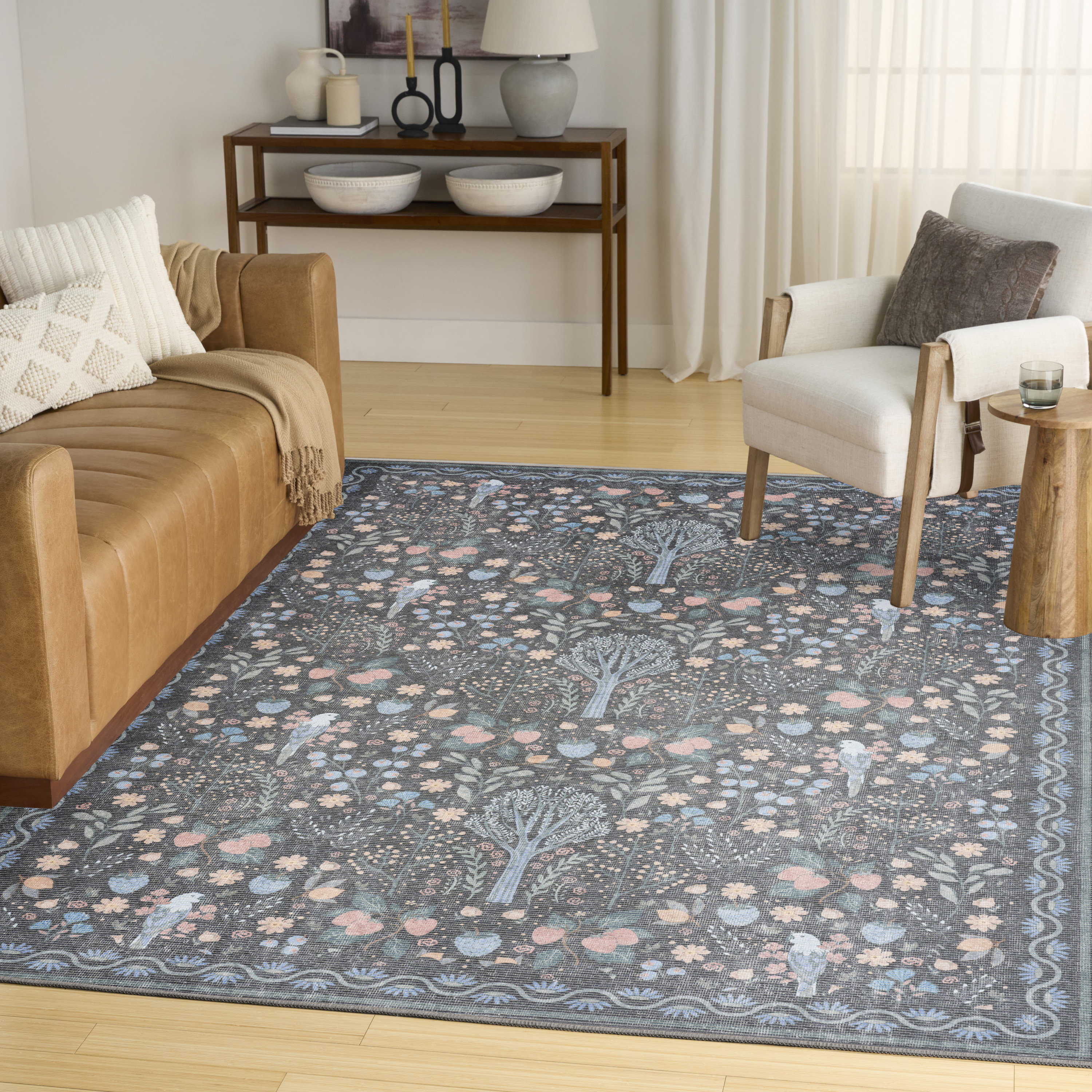 Nourison Botanical Washables 5' x 7' Charcoal Multicolor Modern Indoor Rug