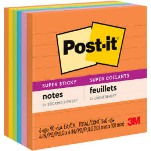 Super Sticky Notes, Energy Boost Collection, 4" x 4" Lined, 90 Sheets/Pad, 6 Pads