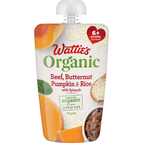 Wattie's® Organic Beef, Butternut Pumpkin & Rice with Spinach 120g 6+ months 
