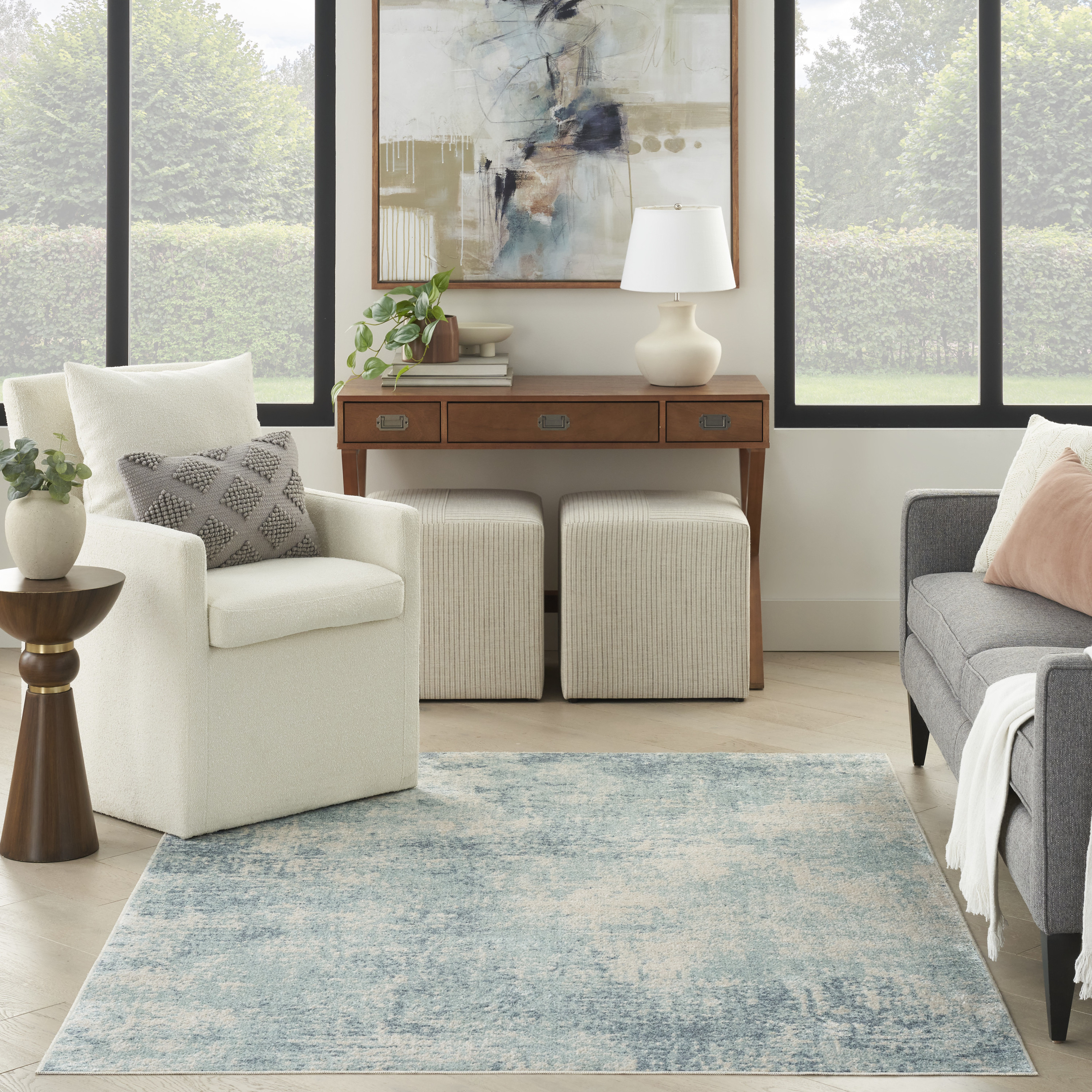 Nourison Astra Machine Washable 4' x 6' Blue Ivory Modern Indoor Rug