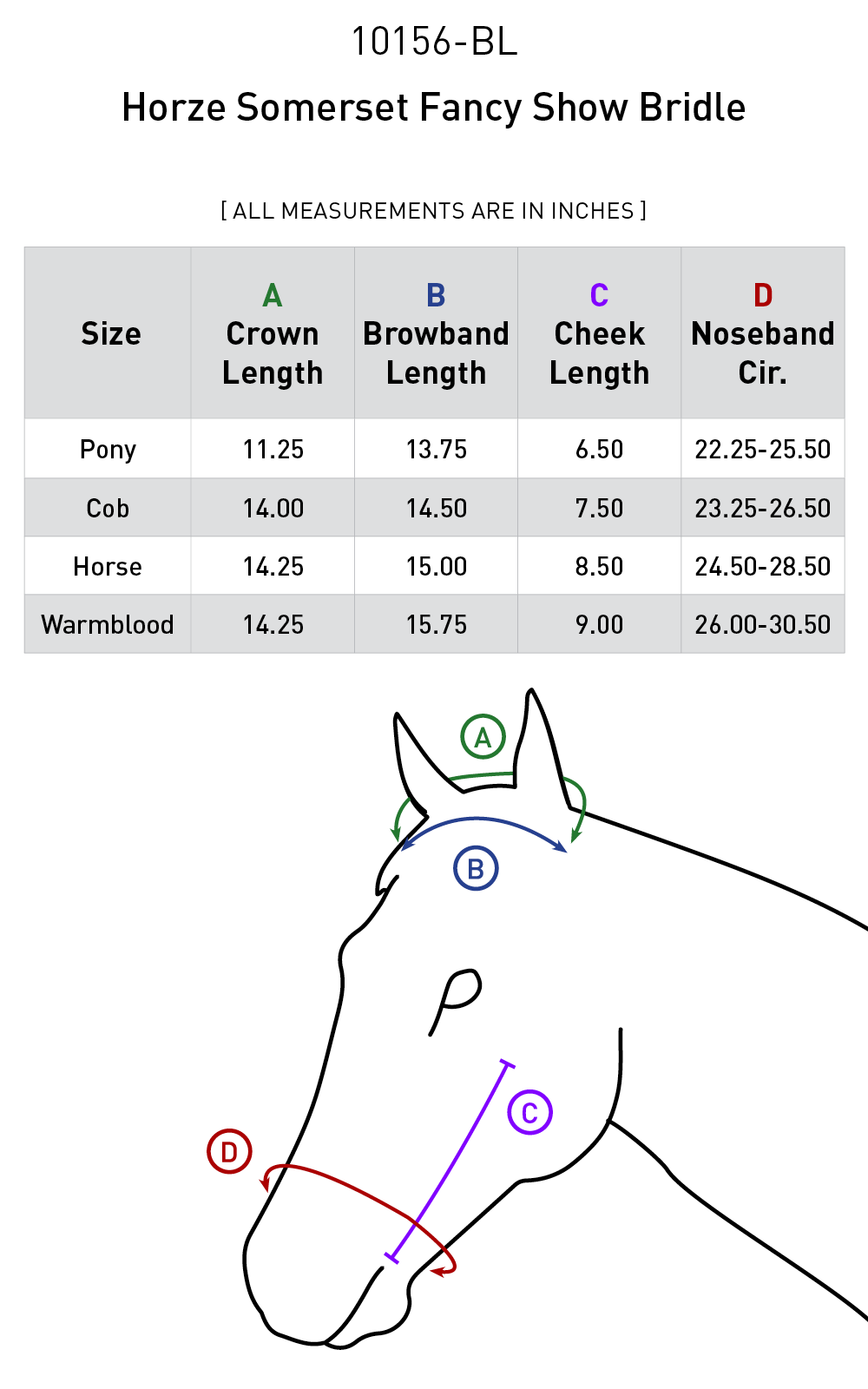 Size chart for Horze Somerset Fancy Show Bridle - Black