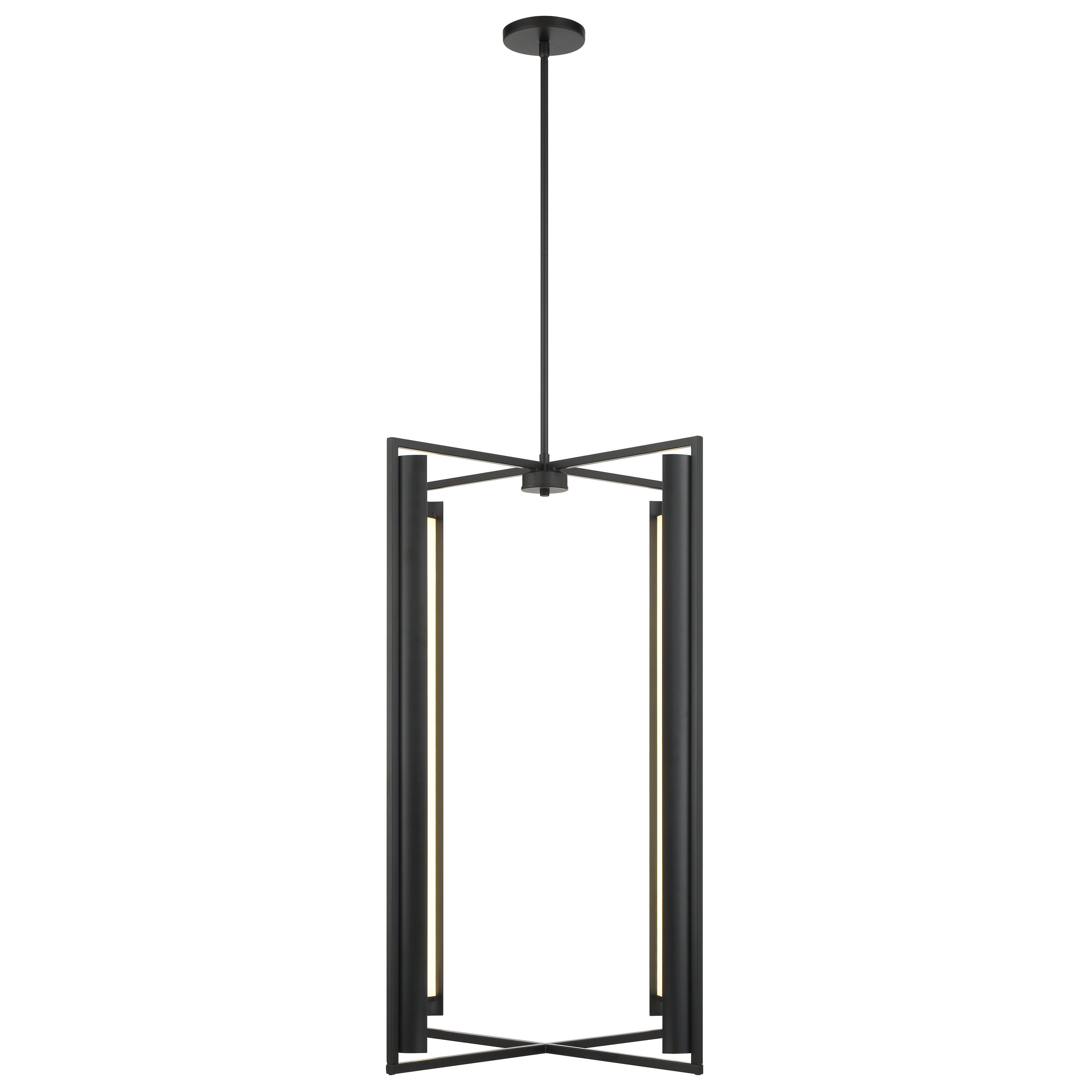 The Trizay 4-Light LED Pendant combines dramatic scale with refined modern design. Its Coal Black finish and etched white glass create striking contrast, while integrated LEDs deliver exceptional brightness and color rendering. - alternate view