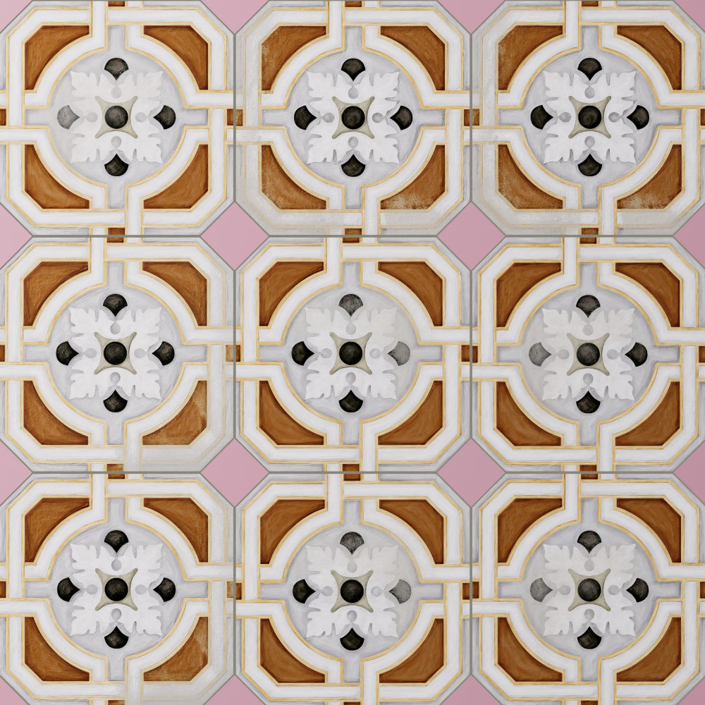Vaudeville Octagon Deco Zimer with Taco Pink 7-7/8 in. x 7-7/8 in. Porcelain Floor and Wall Tile
