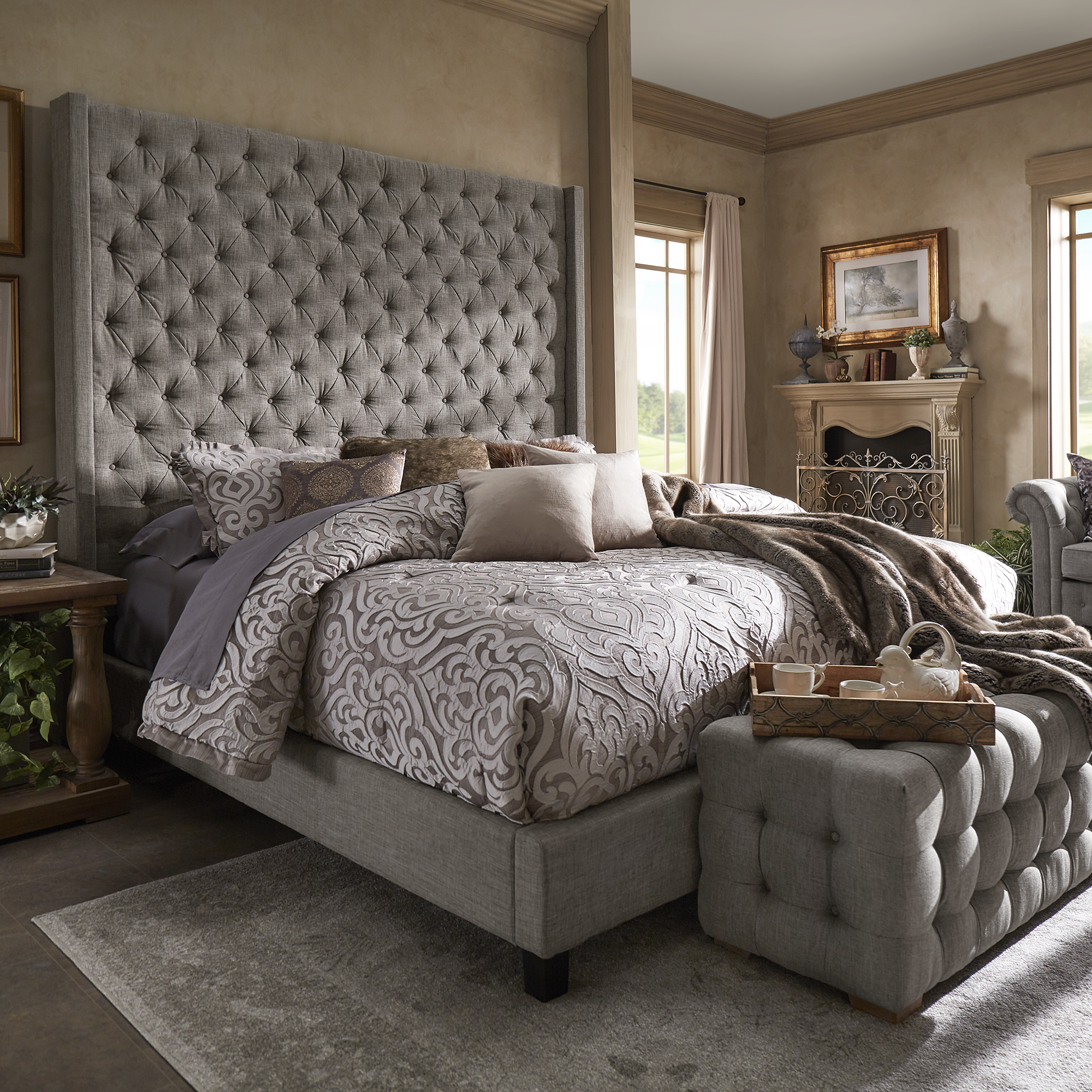 Wingback Button Tufted High Headboard Platform Bed
