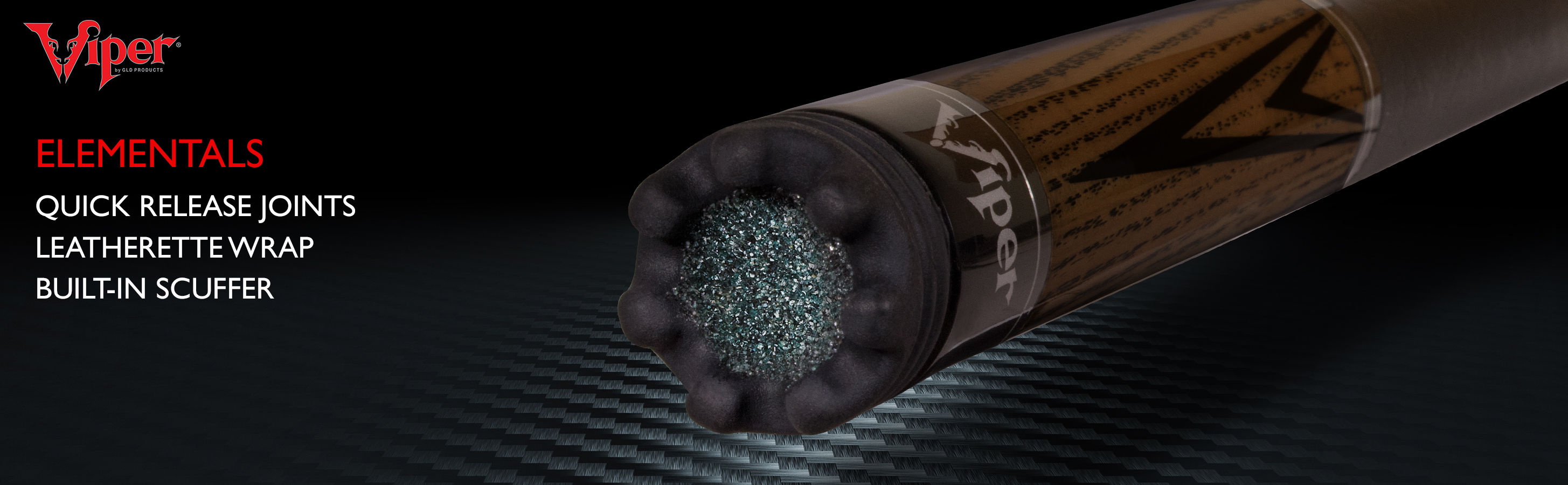 Cue stick with tan wood shaft, black leather wrap, and black ferrule filled with green chalk particles