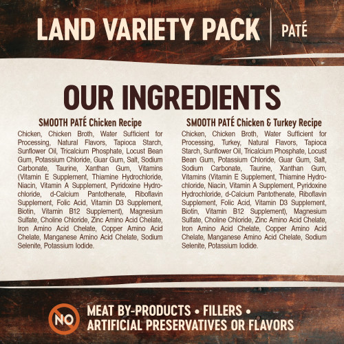 <p>Chicken: Chicken, Chicken Broth, Water Sufficient for Processing, Natural Flavors, Tapioca Starch, Sunflower Oil, Tricalcium Phosphate, Locust Bean Gum, Potassium Chloride, Guar Gum, Salt, Sodium Carbonate, Taurine, Xanthan Gum, Vitamins (Vitamin E Supplement, Thiamine Hydrochloride, Niacin, Vitamin A Supplement, Pyridoxine Hydrochloride, d-Calcium Pantothenate, Riboflavin Supplement, Folic Acid, Vitamin D3 Supplement, Biotin, Vitamin B12 Supplement), Magnesium Sulfate, Choline Chloride, Zinc Amino Acid Chelate, Iron Amino Acid Chelate, Copper Amino Acid Chelate, Manganese Amino Acid Chelate, Sodium Selenite, Potassium Iodide.</p>
<p>Chicken & Turkey: Chicken, Chicken Broth, Water Sufficient for Processing, Turkey, Natural Flavors, Tapioca Starch, Sunflower Oil, Tricalcium Phosphate, Locust Bean Gum, Potassium Chloride, Guar Gum, Salt, Sodium Carbonate, Taurine, Xanthan Gum, Vitamins (Vitamin E Supplement, Thiamine Hydrochloride, Niacin, Vitamin A Supplement, Pyridoxine Hydrochloride, d-Calcium Pantothenate, Riboflavin Supplement, Folic Acid, Vitamin D3 Supplement, Biotin, Vitamin B12 Supplement), Magnesium Sulfate, Choline Chloride, Zinc Amino Acid Chelate, Iron Amino Acid Chelate, Copper Amino Acid Chelate, Manganese Amino Acid Chelate, Sodium Selenite, Potassium Iodide.</p>
