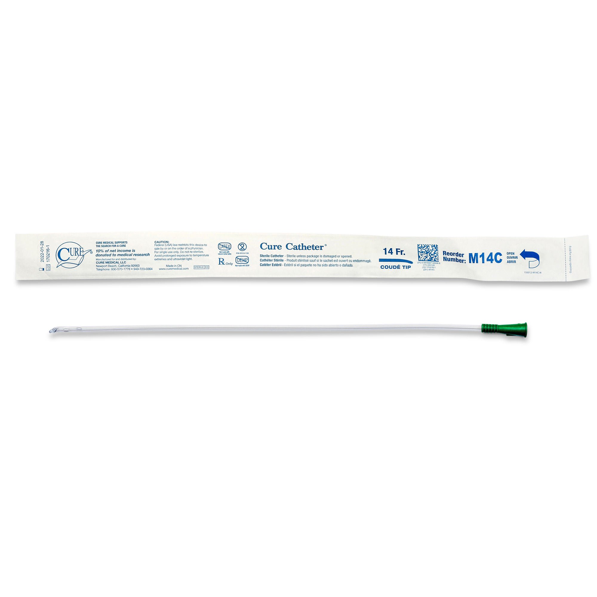 Cure Catheter™ Male Intermittent Catheter, 14 Fr., Coudé