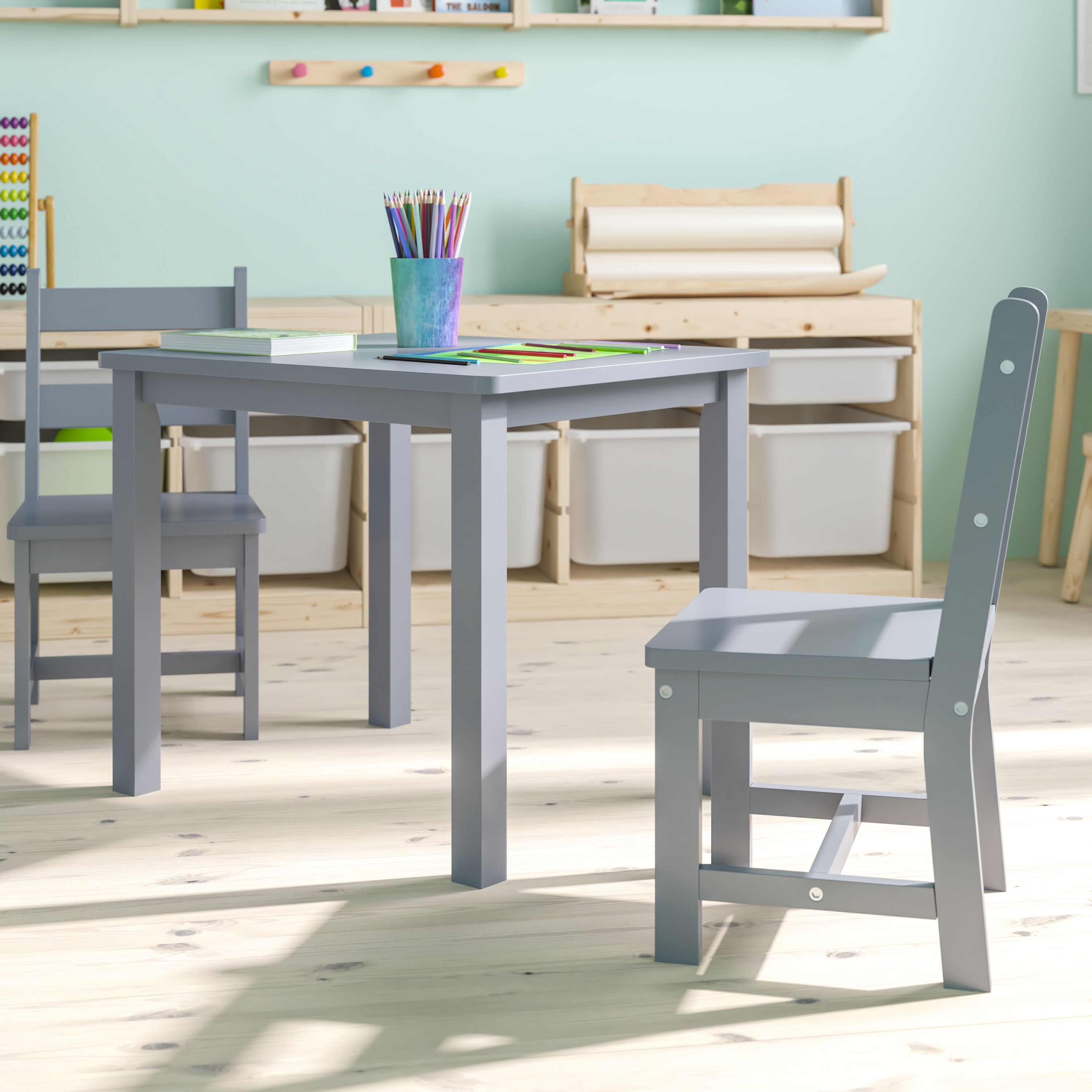 Juego de mesa y silla de madera maciza para niños de 3 piezas para sala de juegos, cocina - blanco - Imagen 19 de 37