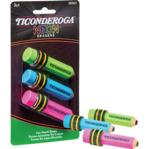 Pencil Shaped Neon Erasers, 3 Count