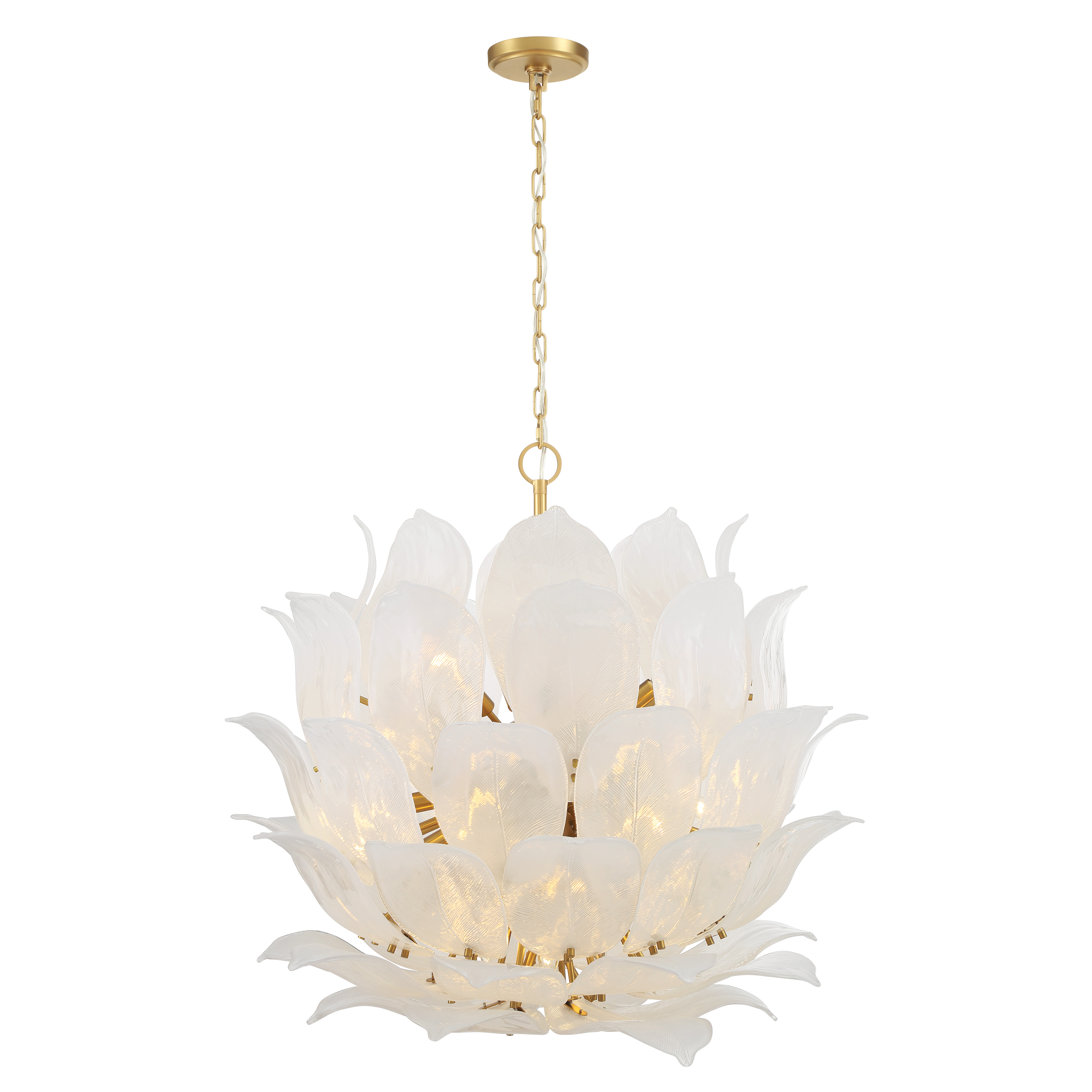 The Orchid pendant makes a dramatic statement with 24 handmade white glass shades arranged in an elegant botanical-inspired design. Its substantial 35.5-inch width and warm Legacy Brass finish create a luxurious focal point perfect for grand dining rooms and entryways. - alternate view