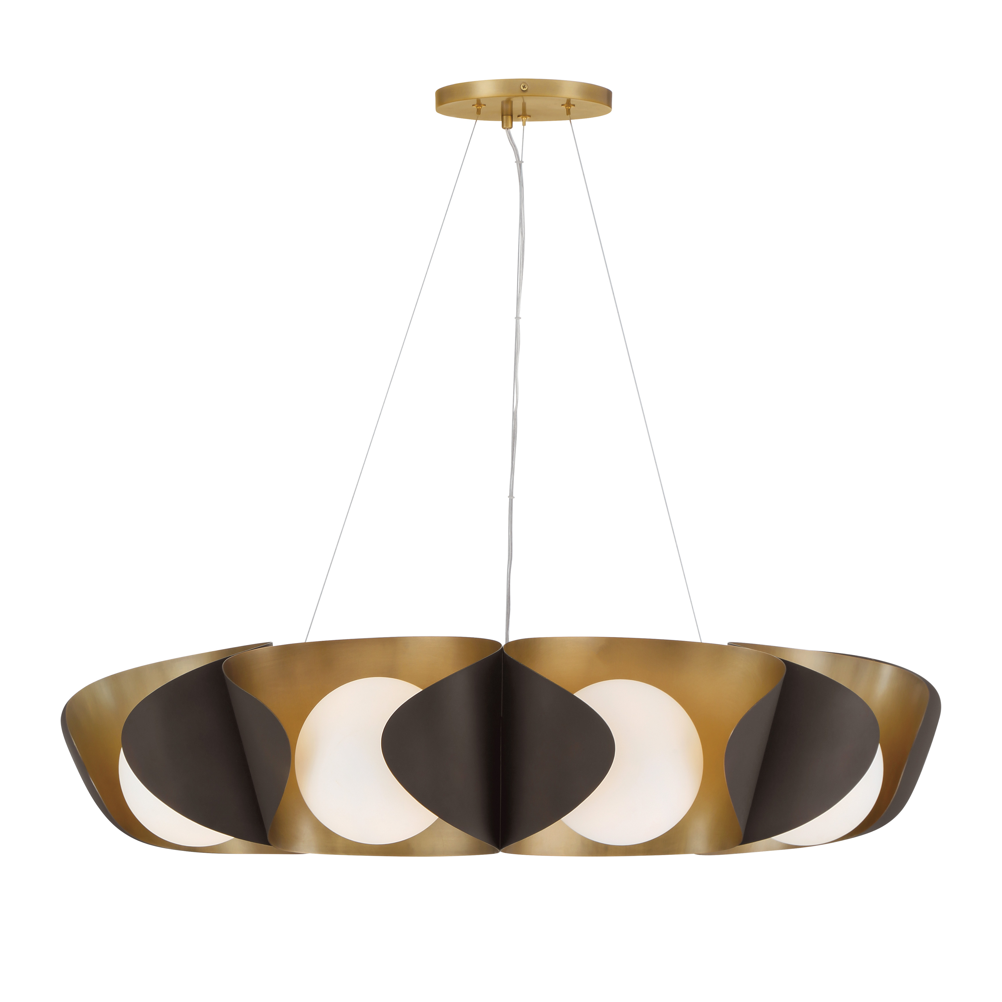 The Flare 9-Light Pendant combines modern design with transitional warmth through its Dark Bronze and Legacy Brass finish pairing. At 34.25 inches wide, this substantial fixture provides excellent illumination for large dining tables and kitchen islands while the etched opal glass shades create soft, inviting ambiance. - alternate view