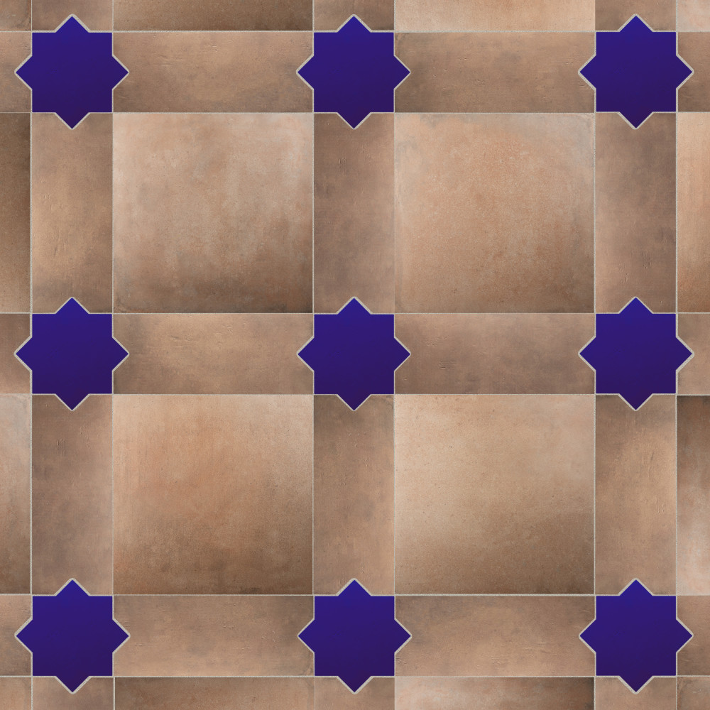 Argile Bordeaux Ferrara with Losanga and Blue Star 24.63x24.63 Specialty Porcelain Floor and Wall Digital Pattern