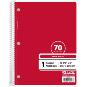 1-Subject Spiral Notebook, Wide Ruled, 70 Count, Red