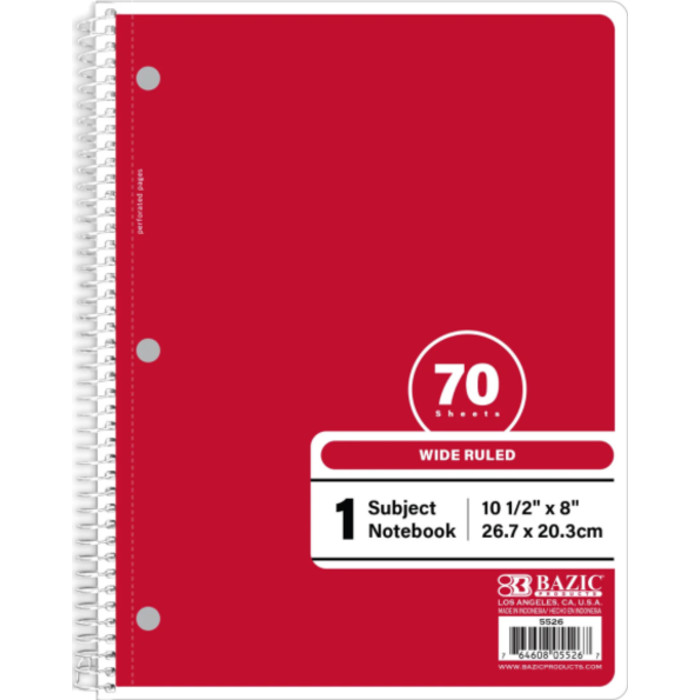 1-Subject Spiral Notebook, Wide Ruled, 70 Count, Red