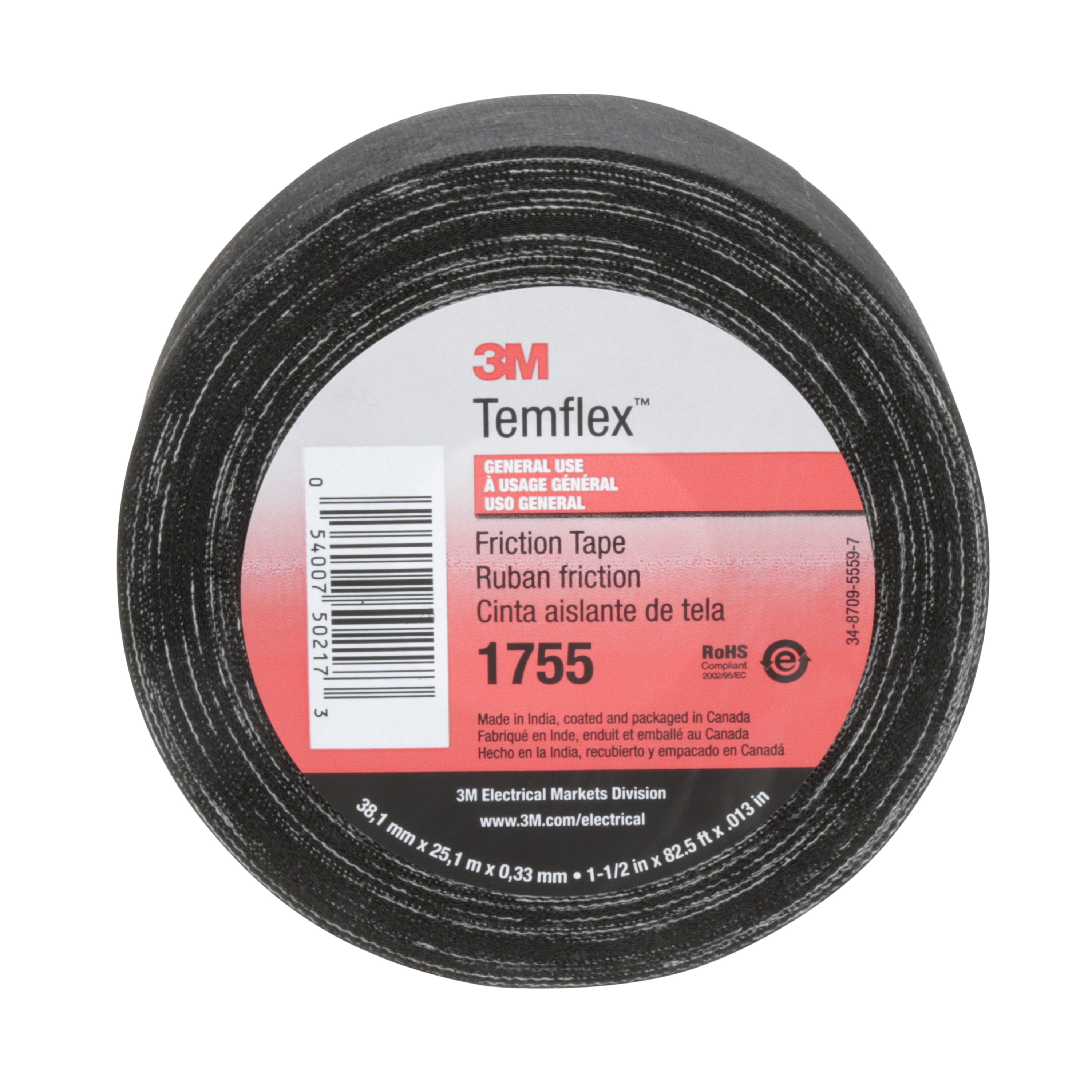 3M™ Temflex™ Cotton Friction Tape 1755, 1-1/2 in x 82-1/2 ft, Black, 30
rolls/Case