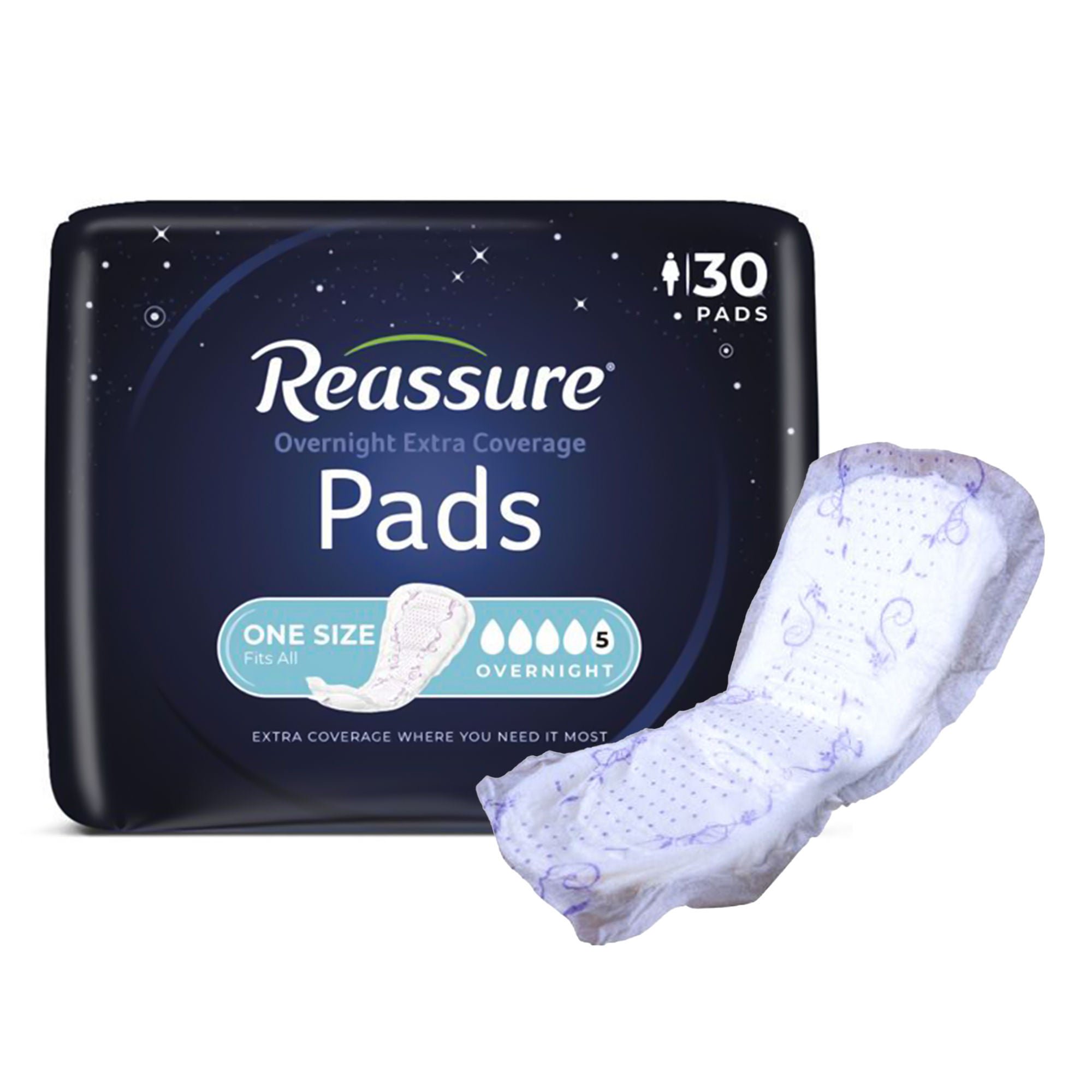 Reassure® Overnight Extra Coverage Pads, 7.5 x 14.5 Inch, Heavy Absorbency