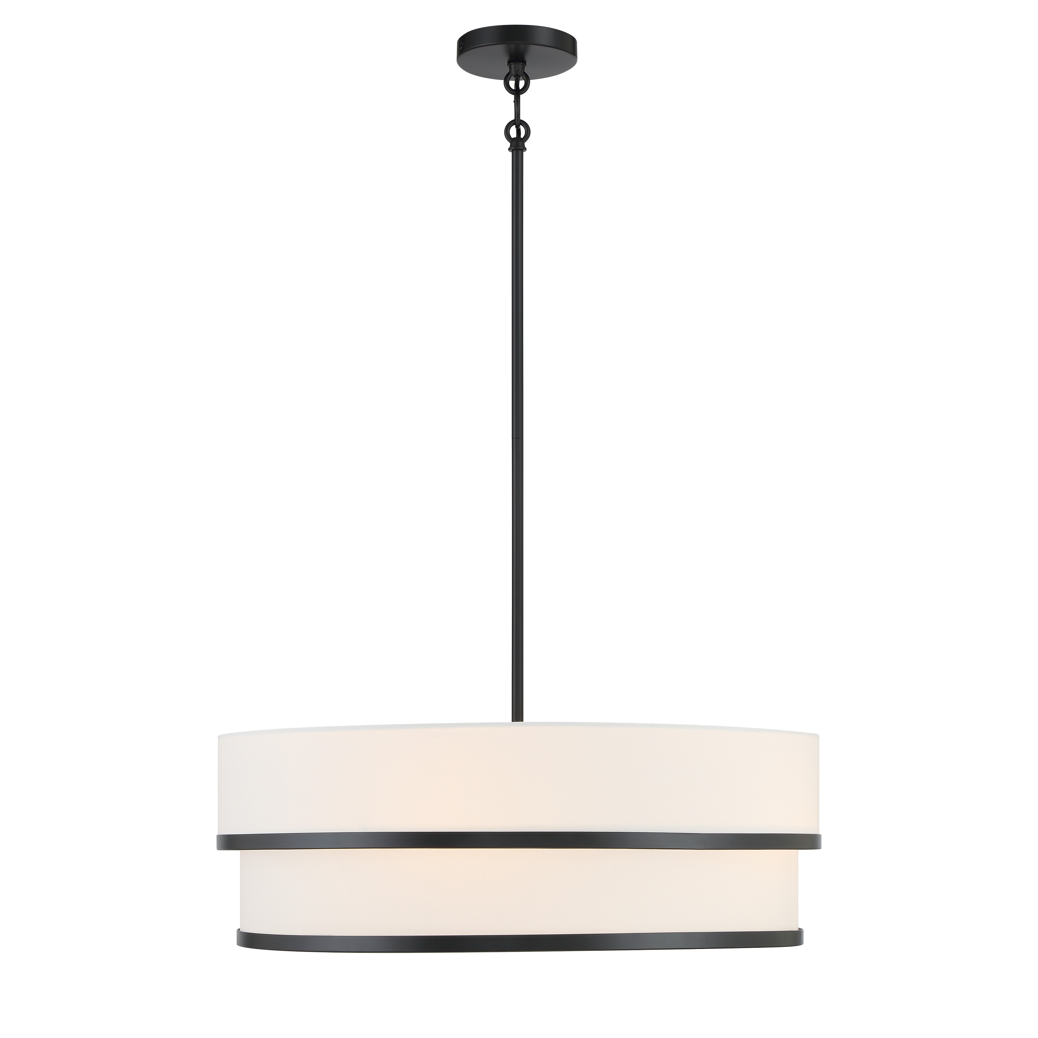 The Cascade pendant combines modern industrial style with soft elegance through its coal black steel frame and white linen shade. At 24 inches wide, it provides substantial lighting for medium-sized spaces while maintaining visual balance. - alternate view