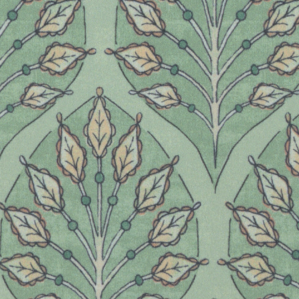 Stylized leaf clusters radiate upward in a repeating pattern on pale green fabric, outlined in brown with thin stems and small round bead-like nodes connecting the leaves.