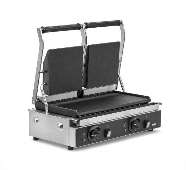 208- to 240-volt double panini sandwich grill with cast-iron flat plates and NEMA 6-15P Plug