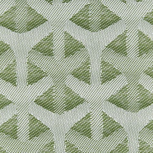 Woven textile with green-and-cream geometric Y-and-diamond motif, tightly woven and slightly textured; pattern repeats across a close-up surface under even, neutral lighting.