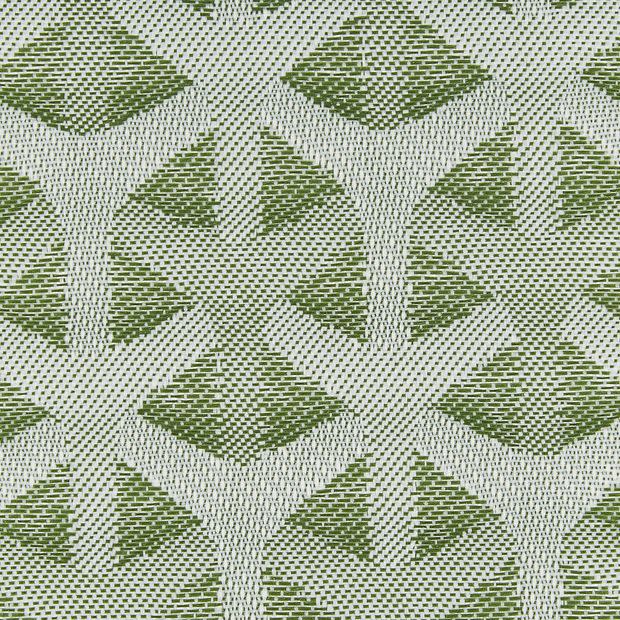 Woven textile with green-and-cream geometric Y-and-diamond motif, tightly woven and slightly textured; pattern repeats across a close-up surface under even, neutral lighting.