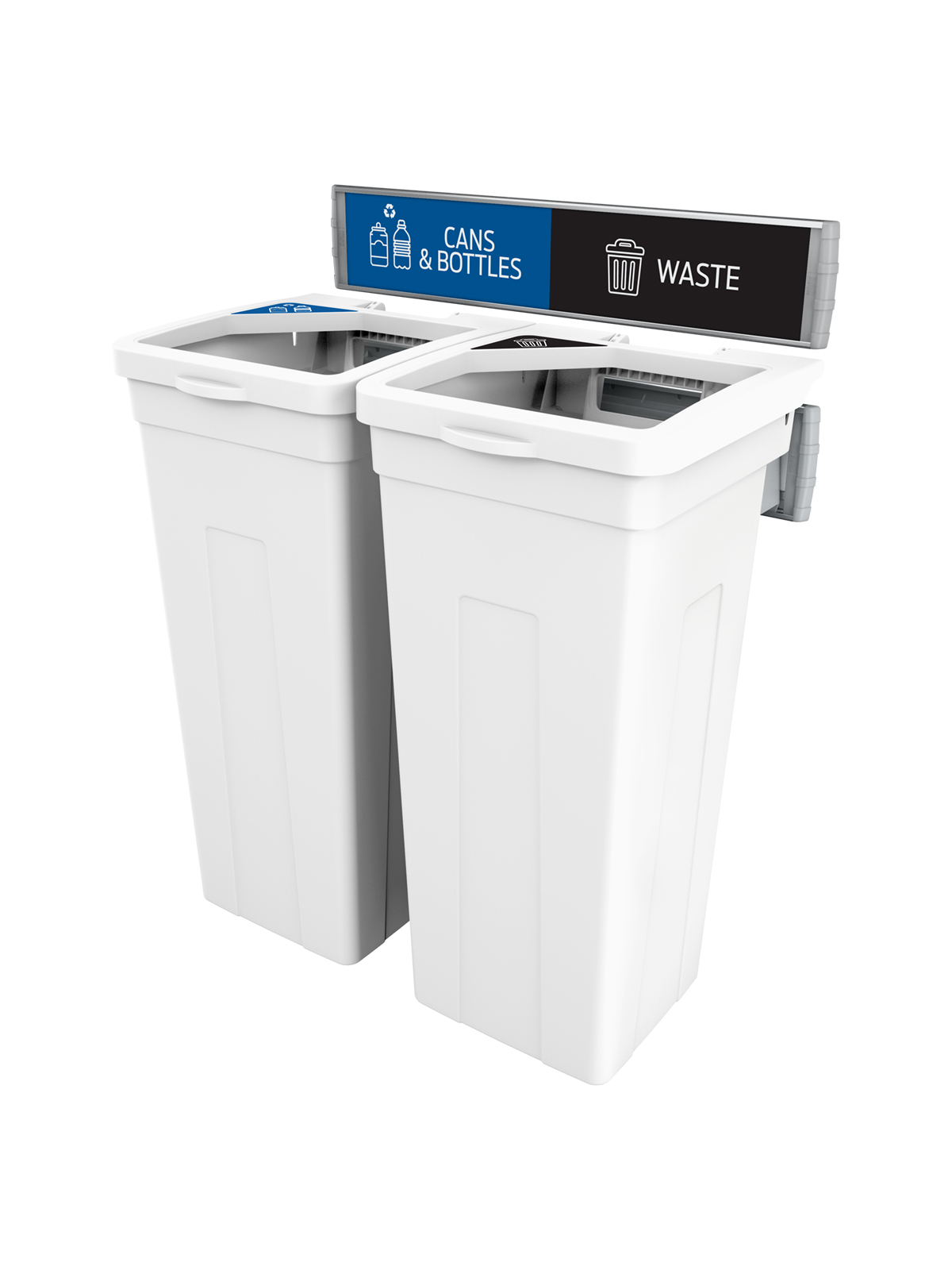Busch Systems Rise Series White double body with lid sign frame and cans & bottles and waste signs and labels