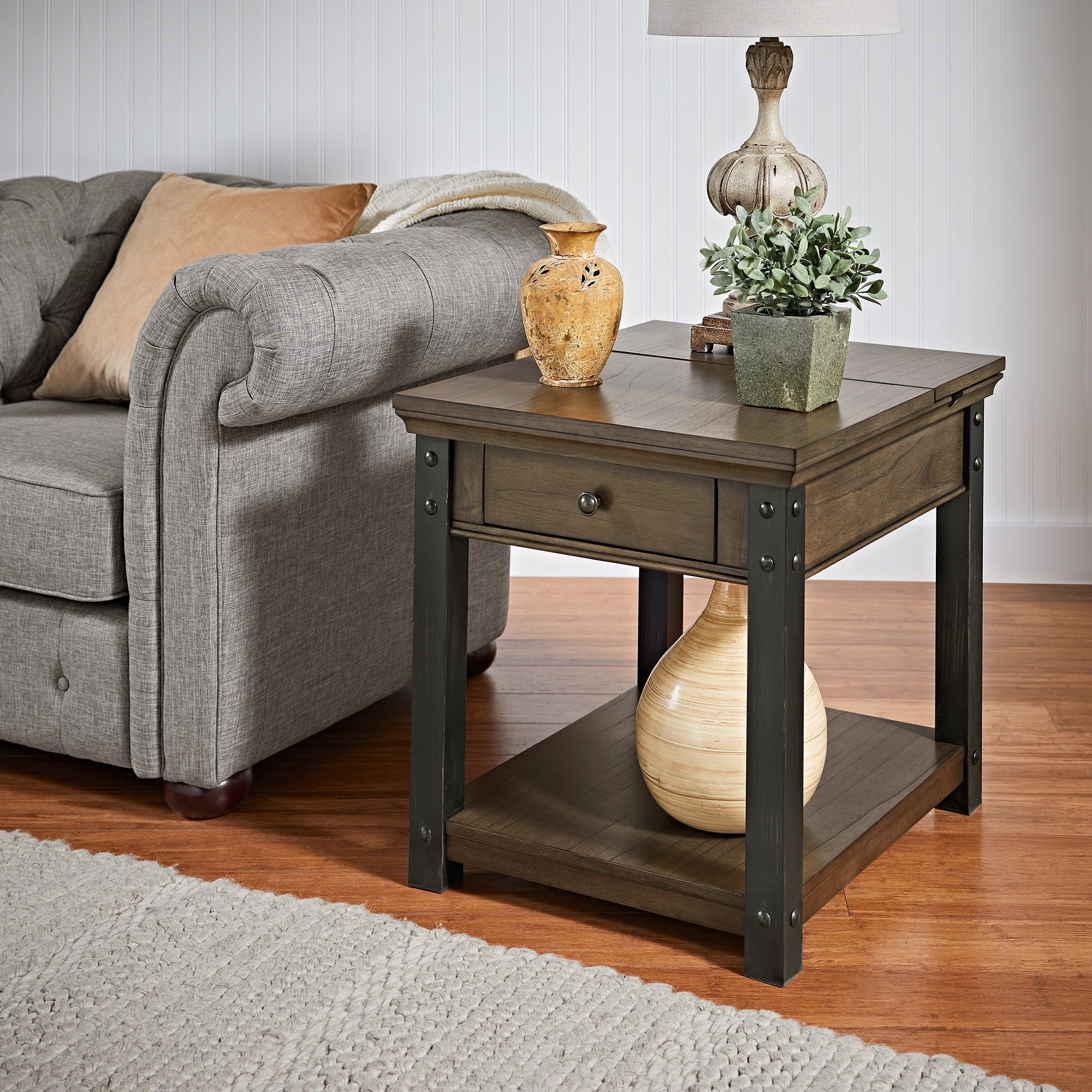 Wood Finish End Table with Built-In Outlets