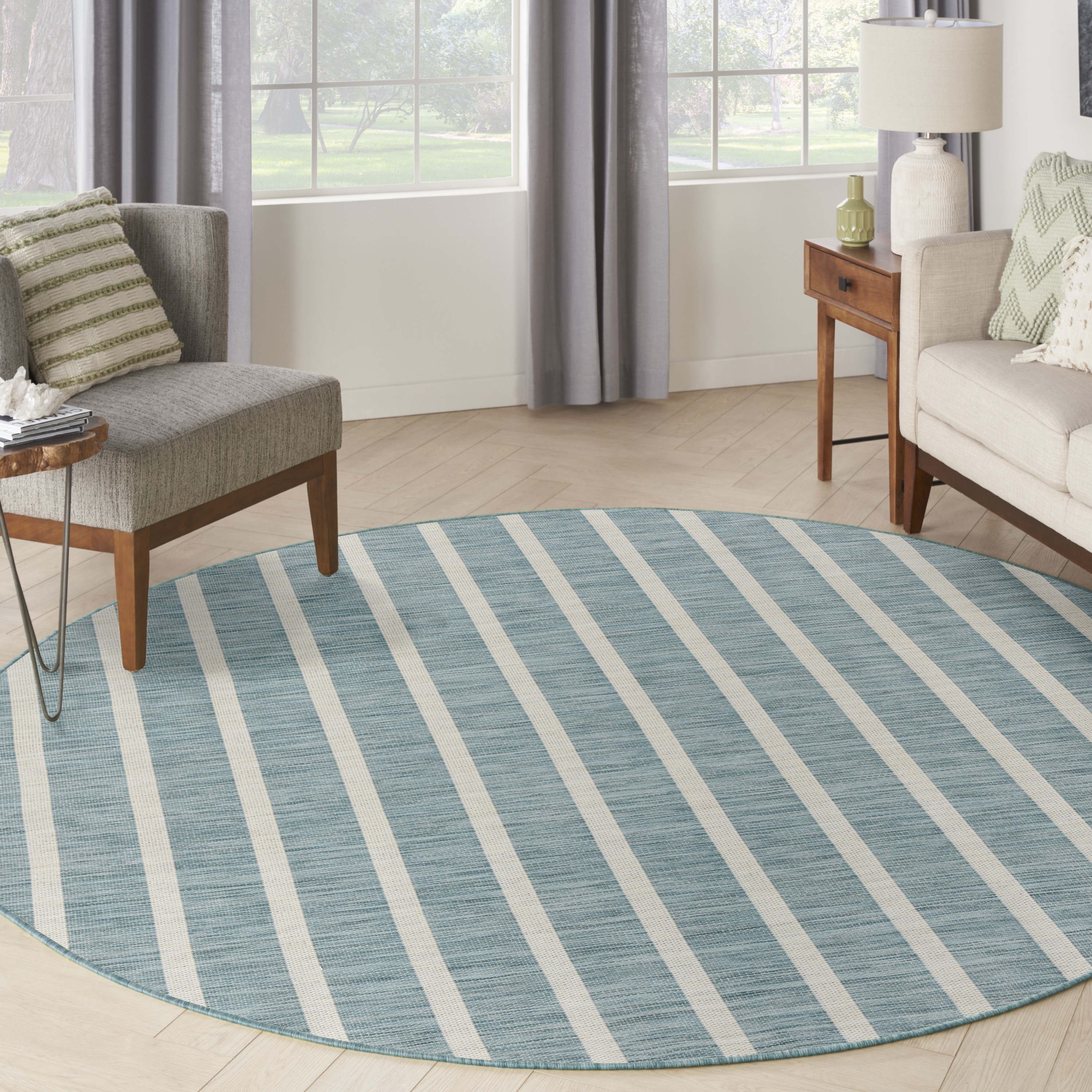 Nourison Positano 8' x Round Aqua Ivory Modern Rug