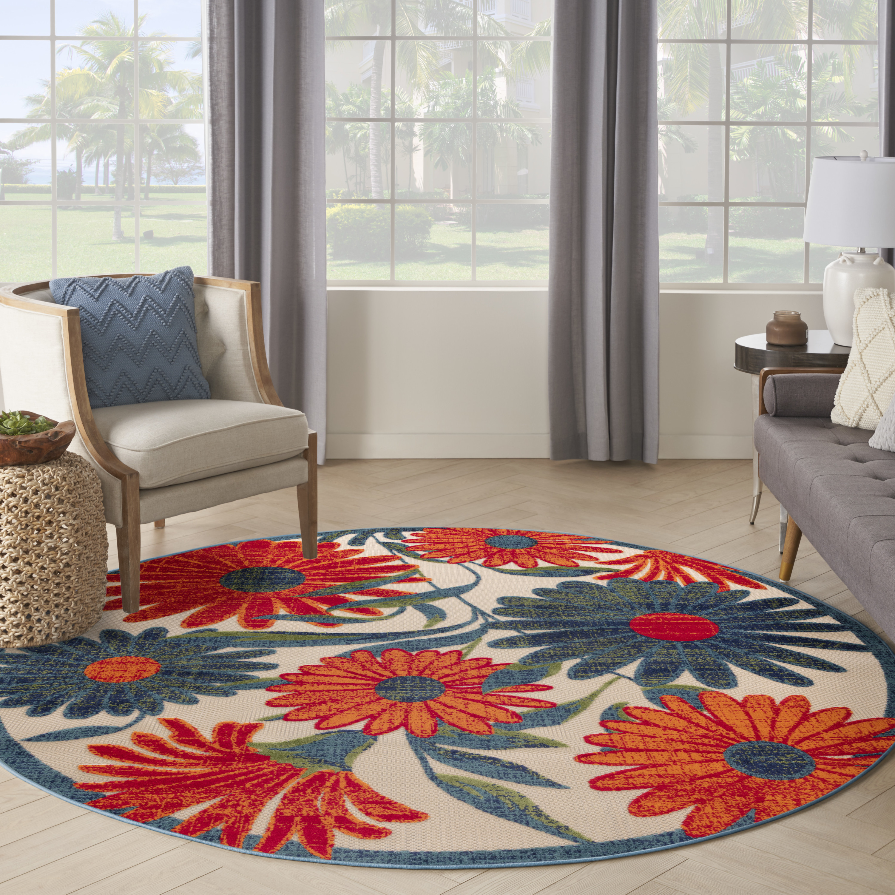 Nourison Aloha 5'3" x Round Ivory Multicolor Outdoor Rug