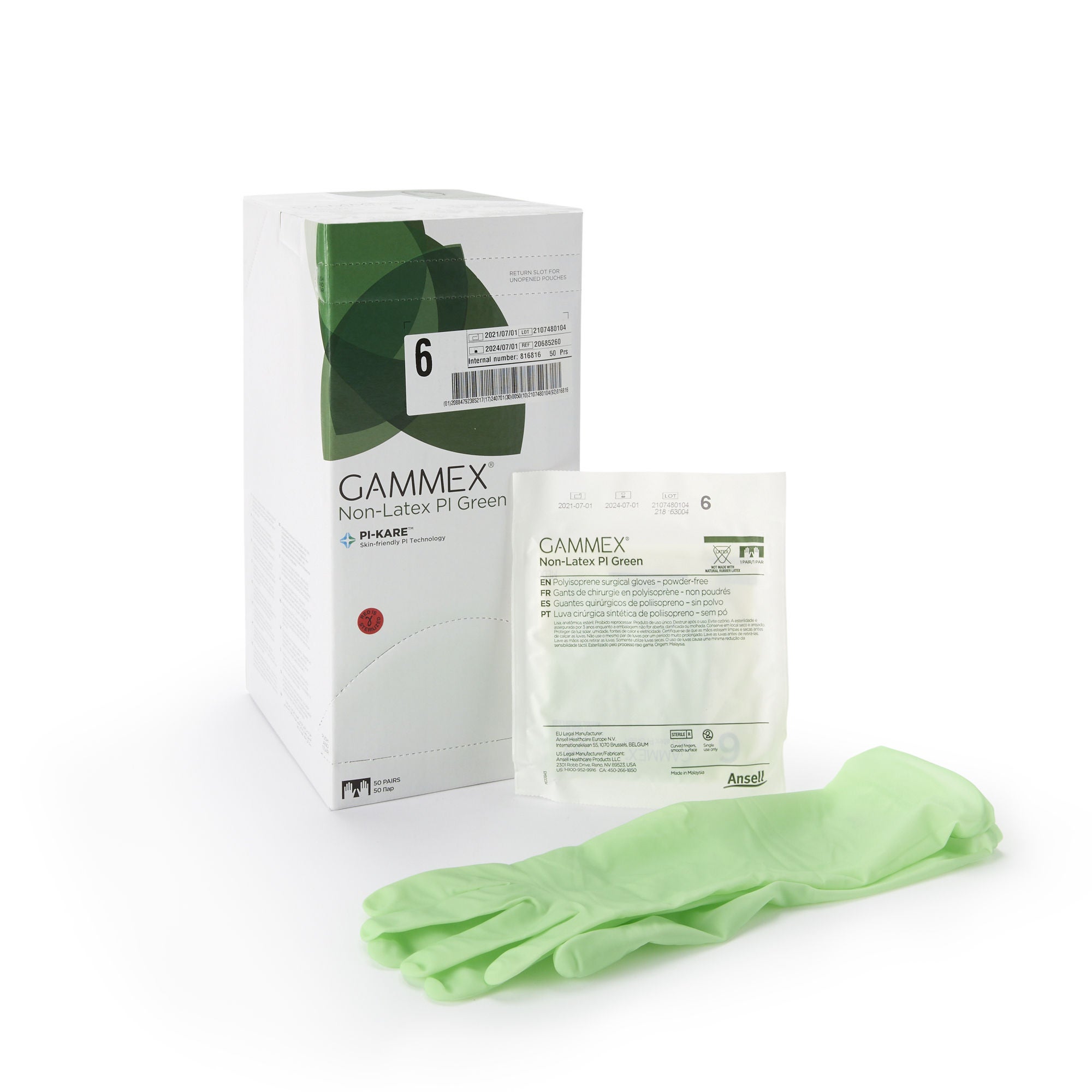 Gammex® Non-Latex PI Green Polyisoprene Surgical Glove, Size 6, Light Green