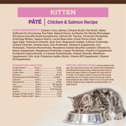 <p>Chicken, Tuna, Salmon, Chicken Broth, Fish Broth, Water Sufficient for Processing, Pea Fiber, Natural Flavor, Sunflower Oil, Marine Microalgae Oil (preserved with mixed tocopherols), Salmon Oil, Taurine, Tricalcium Phosphate, Dried Egg Whites, Tapioca Starch, Locust Bean Gum, Dried Chicory Root, Salt, Agar-Agar, Potassium Chloride, Guar Gum, Magnesium Sulfate, Calcium Carbonate, Choline Chloride, Xanthan Gum, Zinc Proteinate, Vitamin E Supplement, Iron Proteinate, Thiamine Mononitrate, Menadione Sodium Bisulfite Complex (Vitamin K), Niacin Supplement, Manganese Proteinate, Copper Proteinate, Vitamin A Supplement, Pyridoxine Hydrochloride, d-Calcium Pantothenate, Sodium Selenite, Riboflavin Supplement, Folic Acid, Potassium Iodide, Biotin, Vitamin B12 Supplement, Vitamin D3 Supplement.</p>
