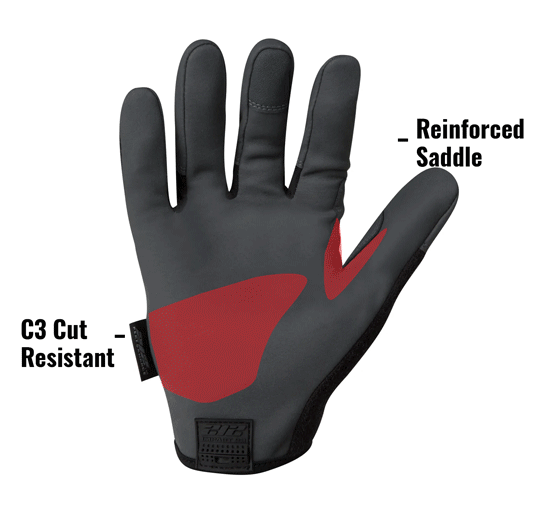 Cut Resistant High Abrasion Air Mesh Touch Gloves in Black (EN Level 3) MFXC3AM-05 showing C3 Cut Resistant and Reinforced Saddle
