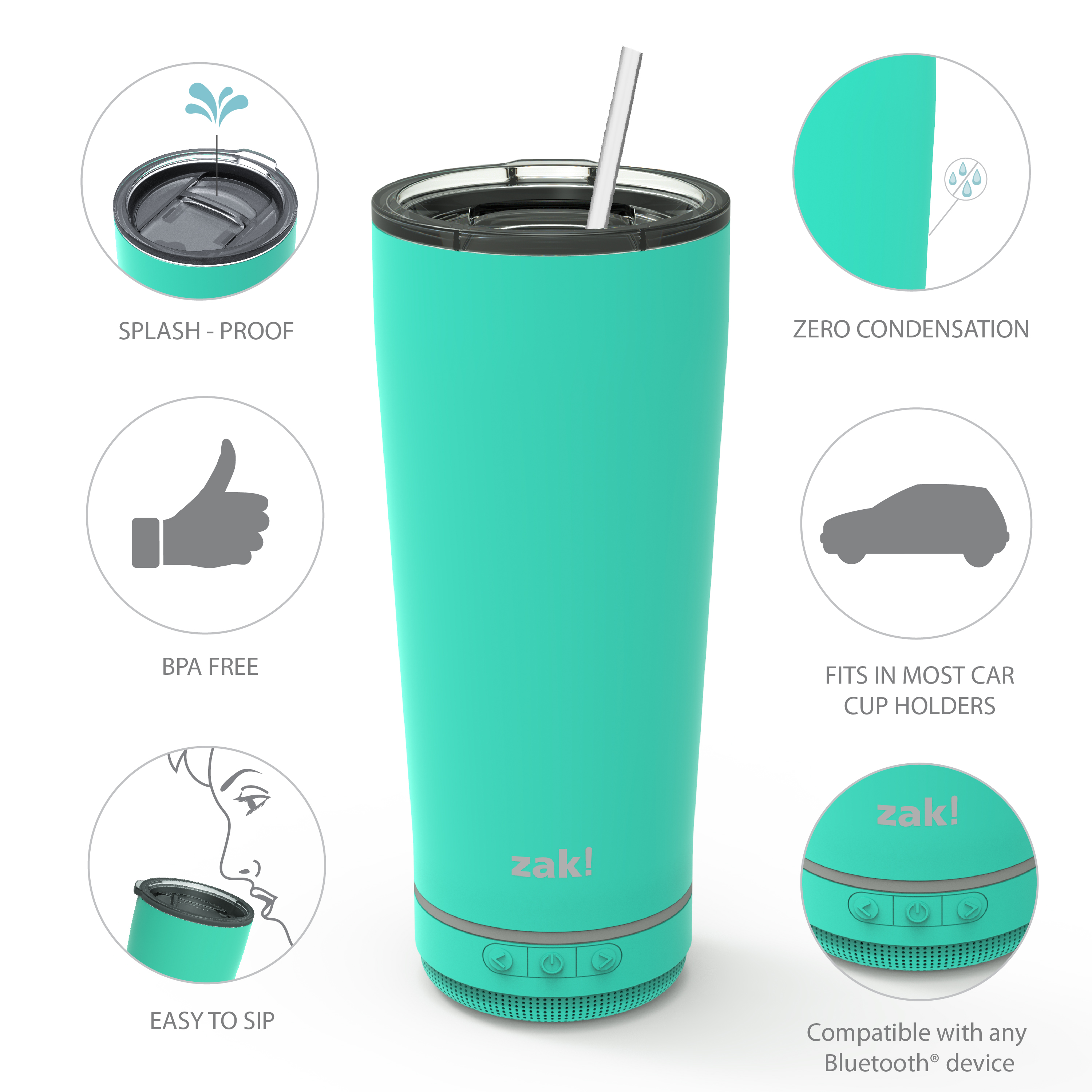 Zak Play 18 ounce Stainless Steel Tumbler with Bluetooth Speaker, Teal slideshow image 9 Zak Play 18 ounce Stainless Steel Tumbler with Bluetooth Speaker, Teal slideshow image 9