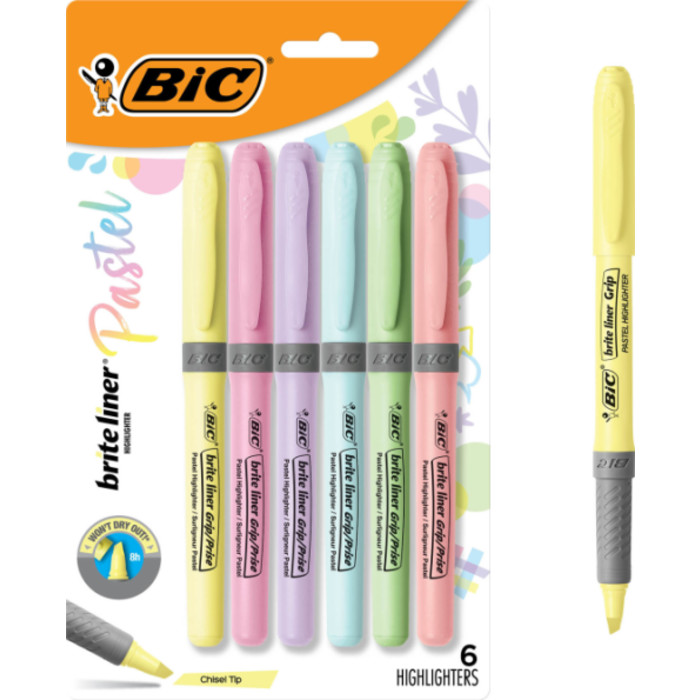 Brite Liner Grip Pastel Highlighters, Chisel Tip, Assorted Colors, 6 Count