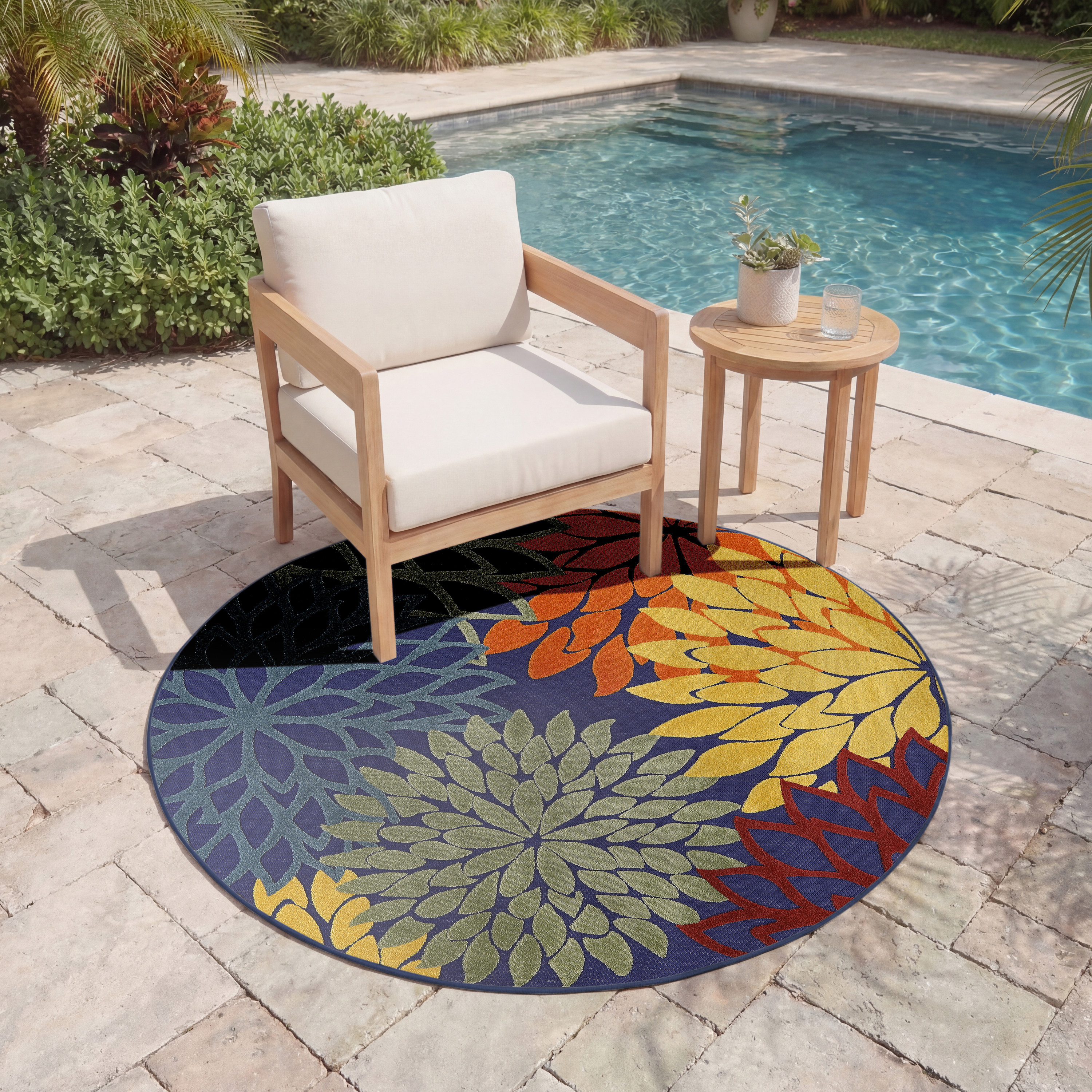 Nourison Aloha 5'3" x Round Navy Multicolor Outdoor Rug