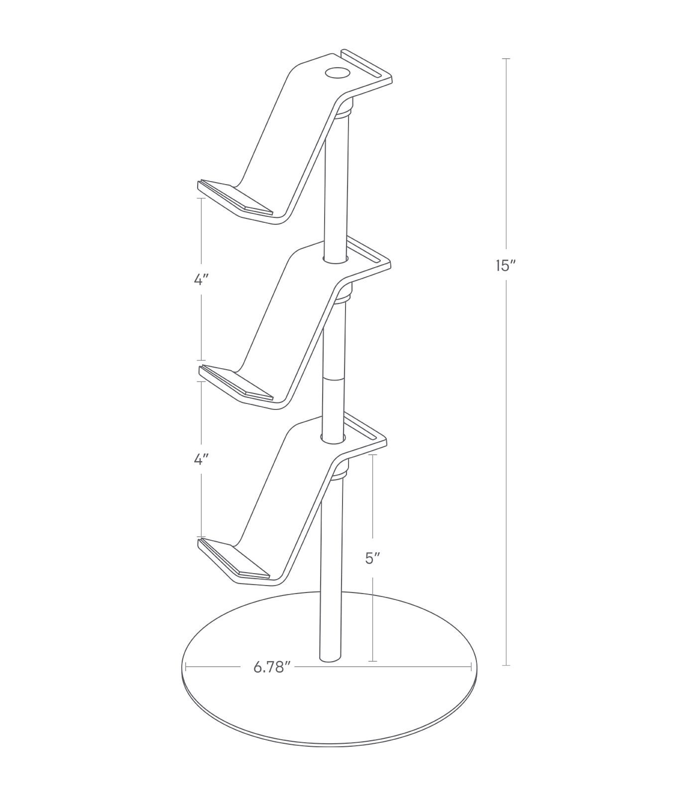 Dimension Image for a Controller Stand on a white background showing a height of 15 inches, diameter of 6.78 inches, distance from bottom to top of bottom rung of 5 inches, and 4 inches between each rung.