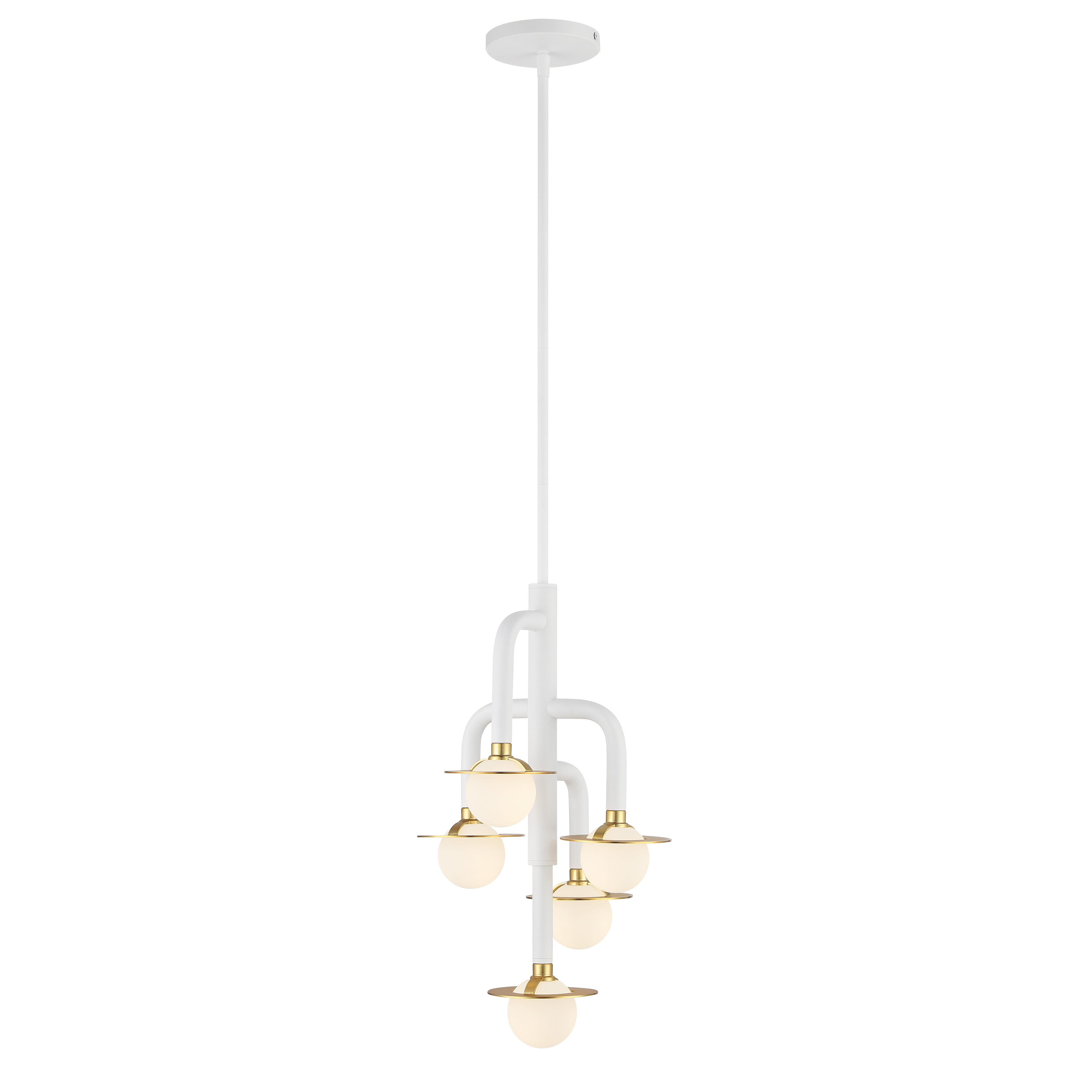 The Tubular chandelier combines contemporary tubular glass shades with a sophisticated matte white and honey gold finish. Its compact 12-inch width makes it perfect for smaller spaces while delivering stylish illumination through five G9 bulbs. - alternate view