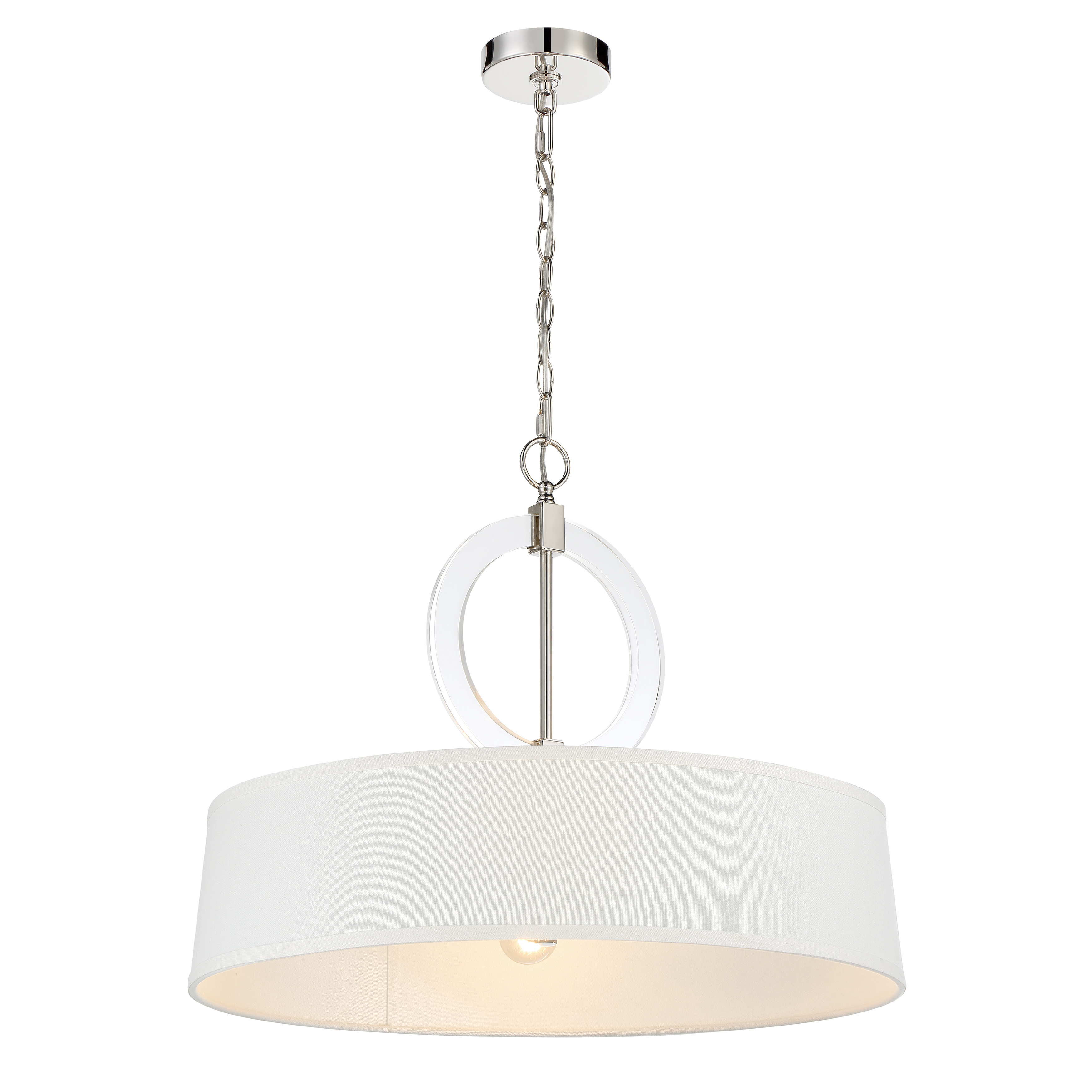 The Cape Coral pendant combines timeless traditional design with contemporary polish. Its 24-inch white fabric shade provides soft, diffused light while the polished nickel finish adds refined sophistication to any space. - alternate view
