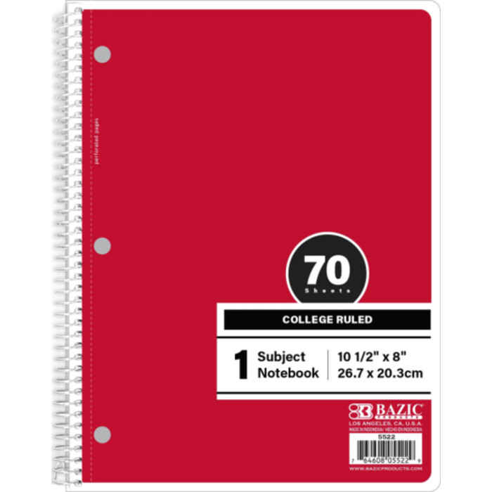 1-Subject Spiral Notebook, College Ruled, 70 Count, Red