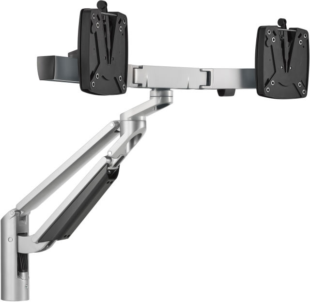 The Novus CLU Plus X2 monitor arm in silver at its highest viewing level.