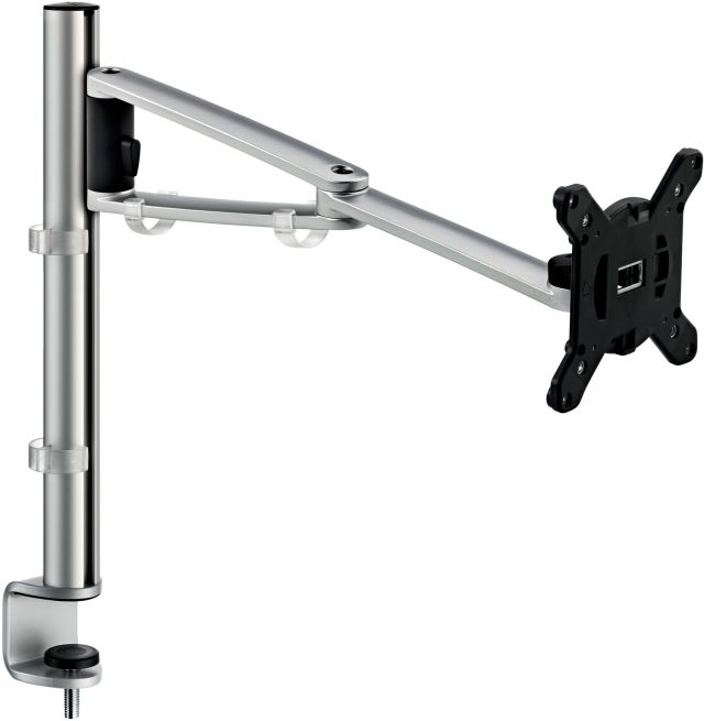 A single monitor arm set with system clamp mount for adjustable, ergonomic monitor display.