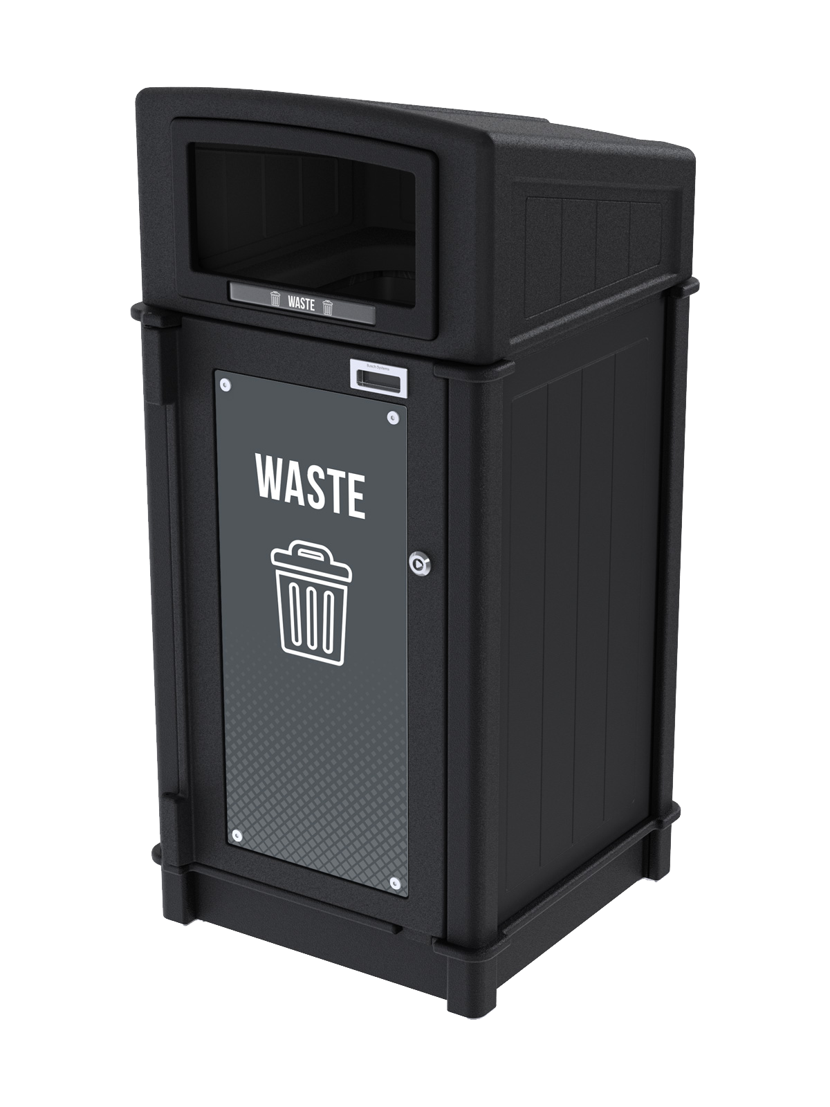 black recycled plastic waste container with sloped canopy lid for collecting waste outdoors with stock door sign and label